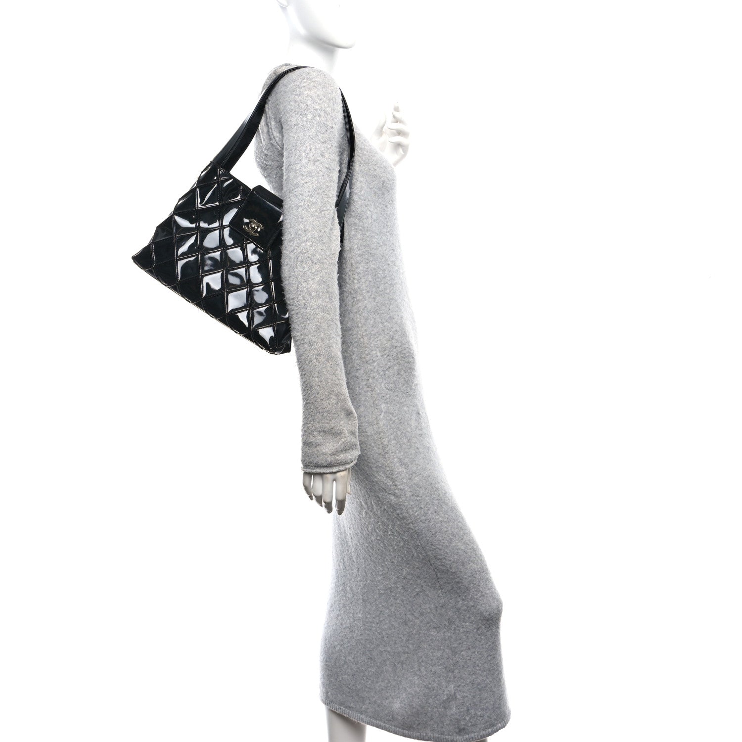 Patent Quilted Shoulder Bag Black