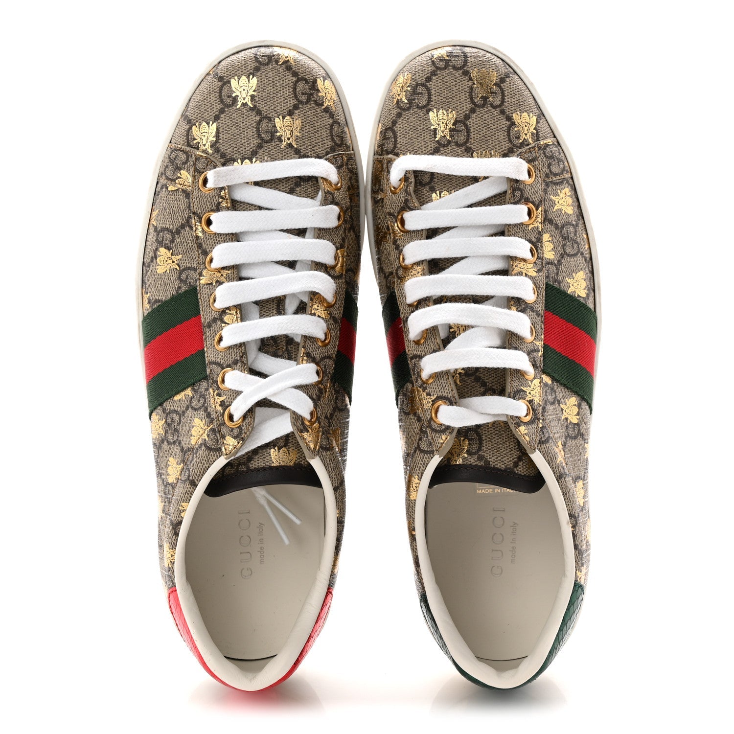 GG Supreme Monogram Bees Ayers Web Womens Ace Sneakers 39 Beige Oro Green Red