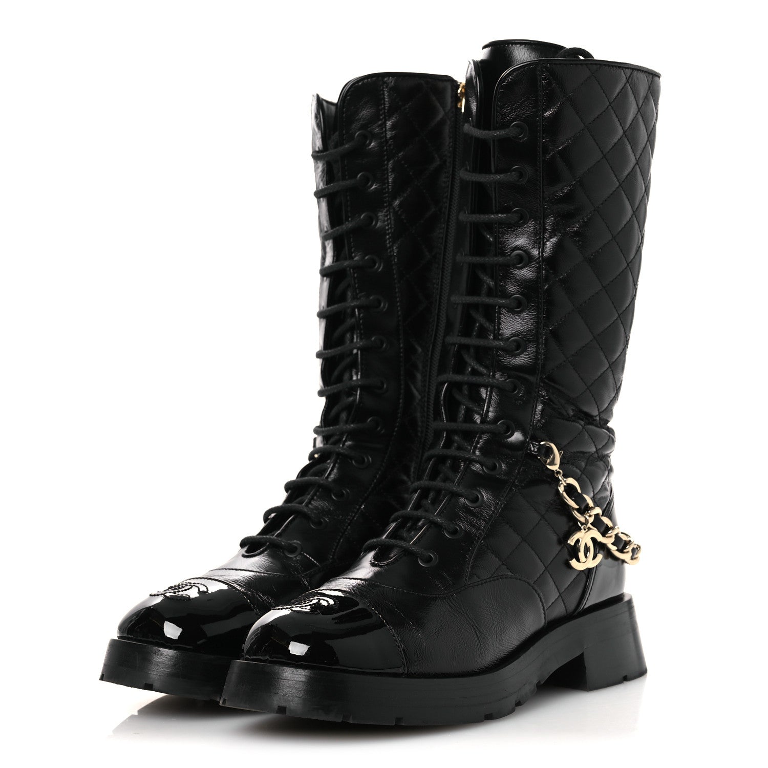 Shiny Calfskin Patent Quilted Chain Lace Up Combat Long Boots 37 Black