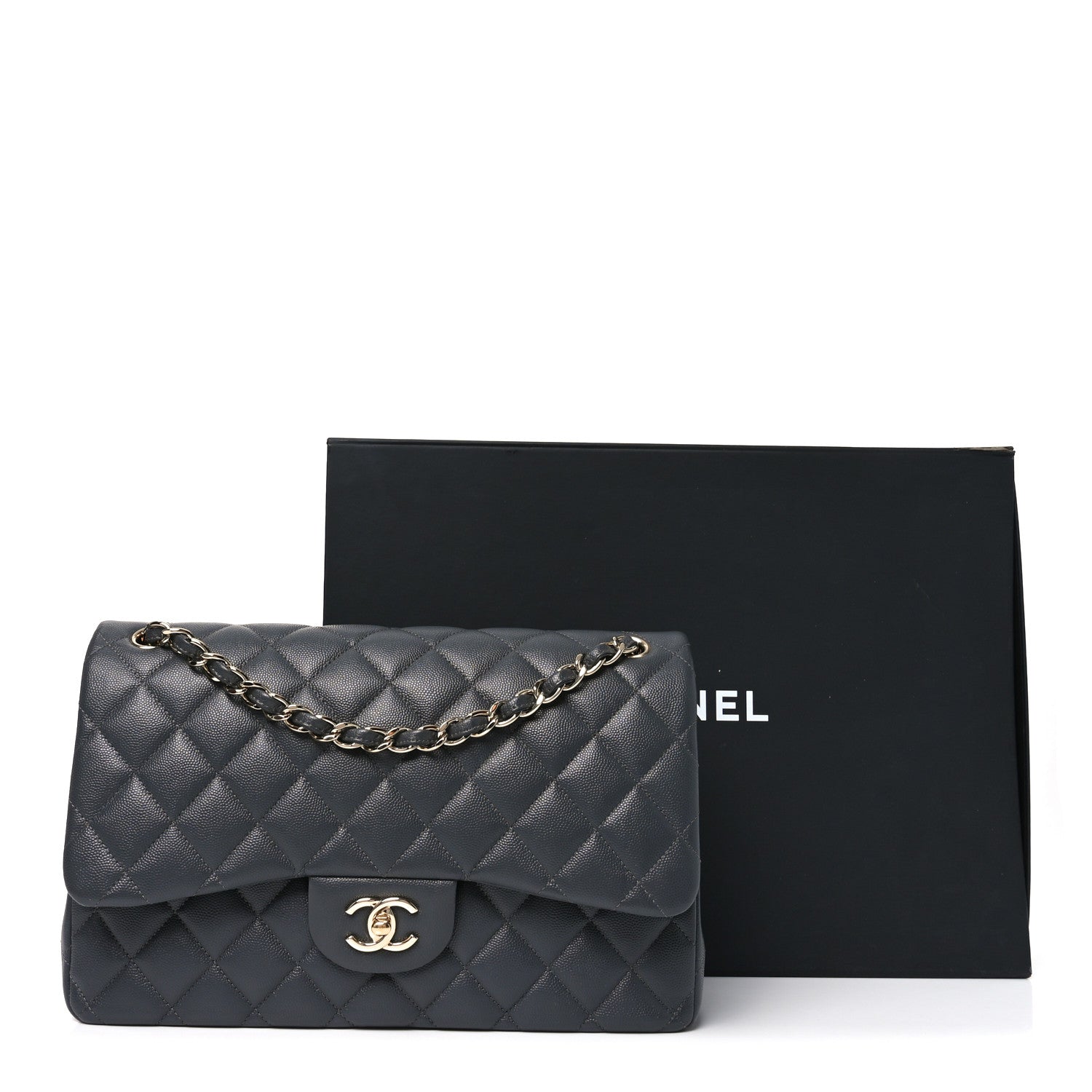 Caviar Quilted Jumbo Double Flap Dark Grey