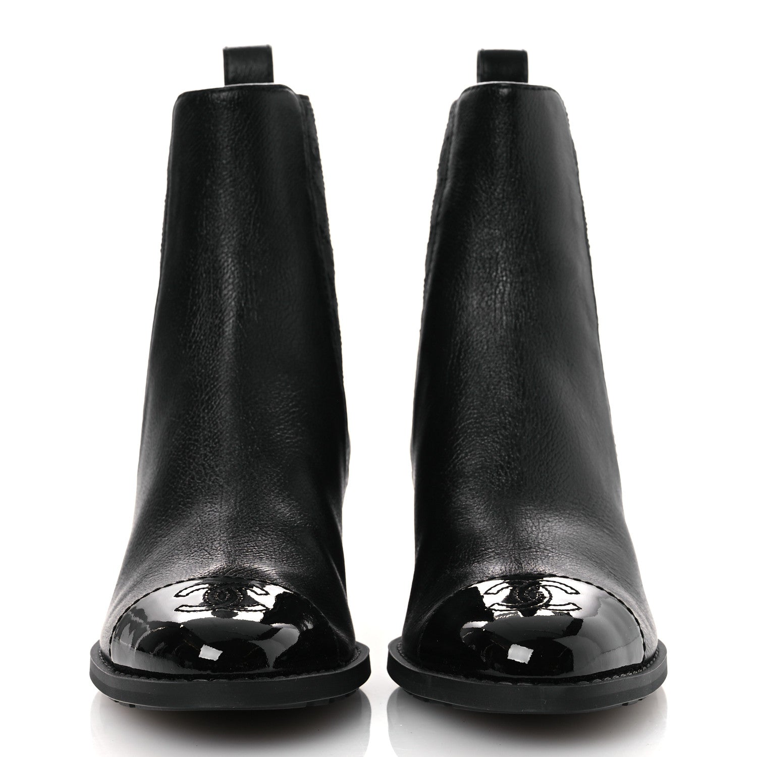 Shiny Grained Calfskin Patent Cap Toe Interlocking CC Short Boots 37.5 Black