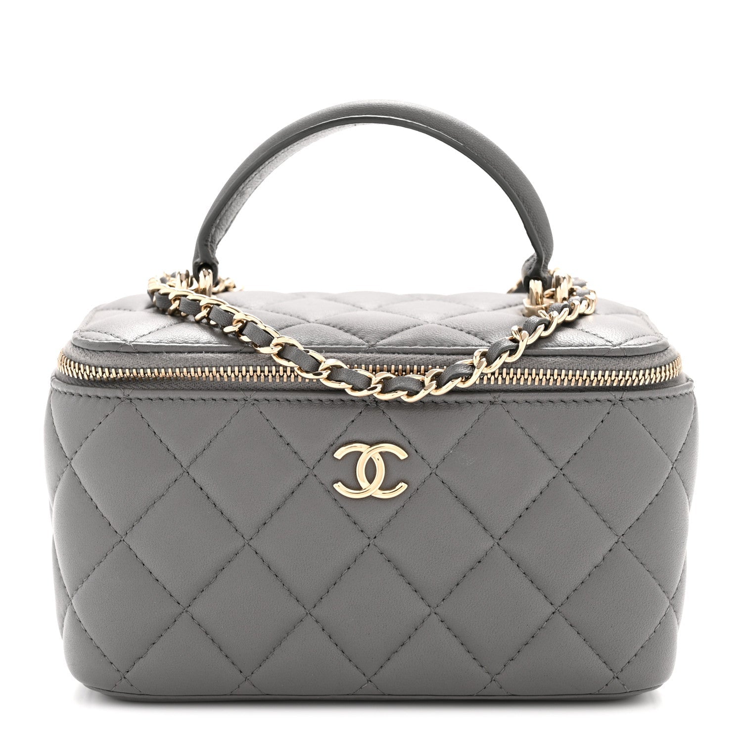 Lambskin Quilted Small Top Handle Vanity Case With Chain Dark Grey