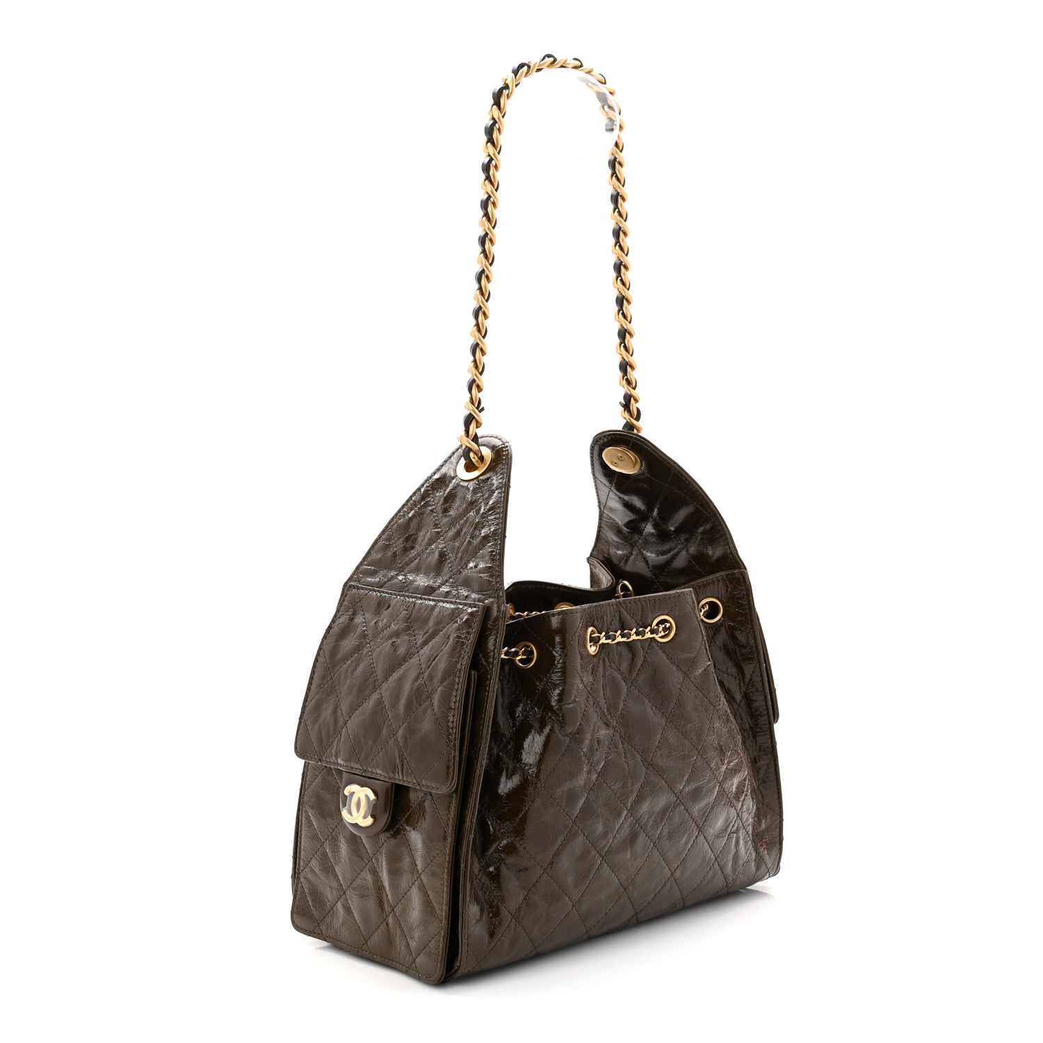 Shiny Crumpled Calfskin Quilted Small Chanel 25 Handbag Khaki