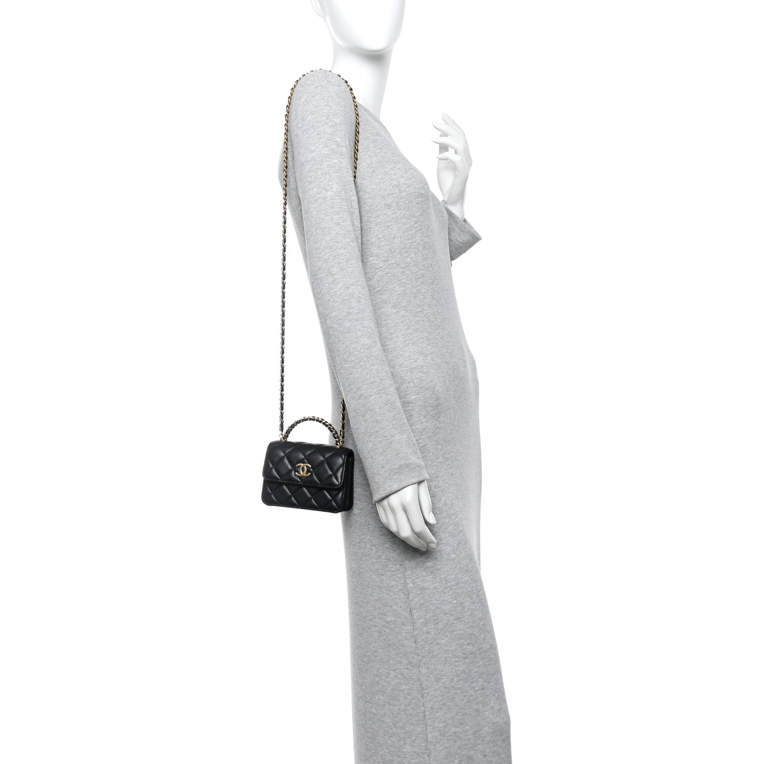 Lambskin Quilted Chain Top Handle Clutch With Chain Black