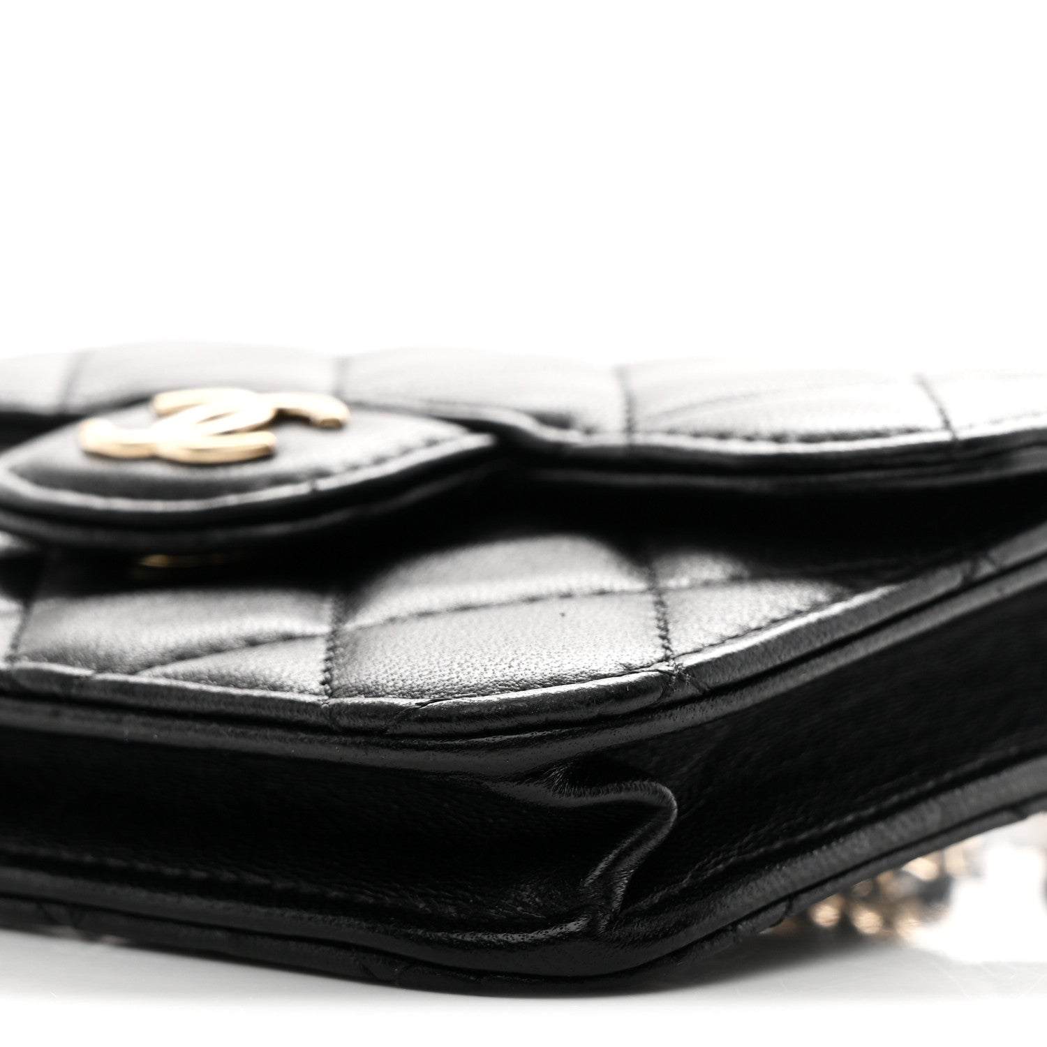 Lambskin Quilted Top Handle Flap Coin Purse With Chain Black