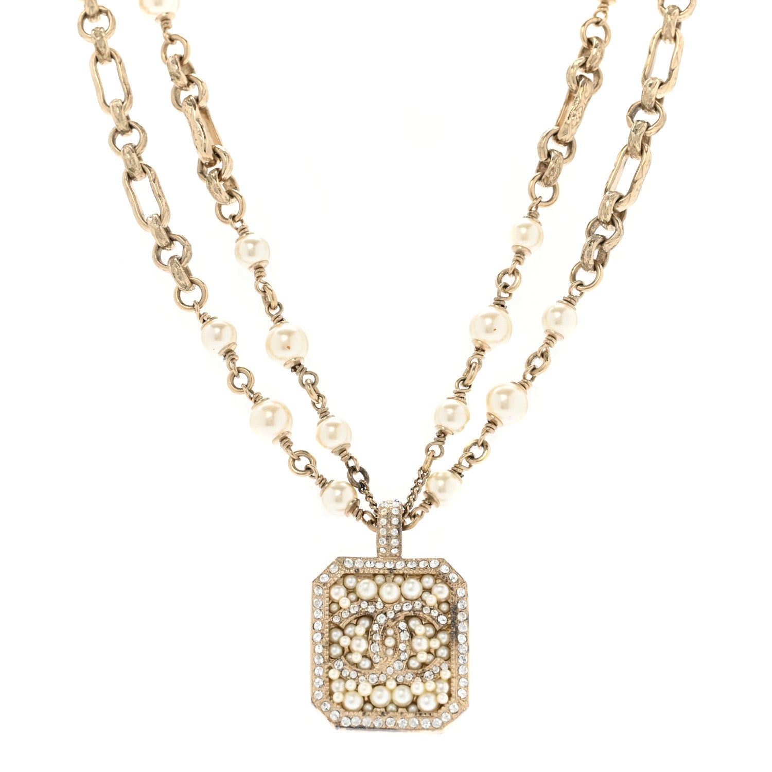 Pearl Crystal CC Double Strand Necklace Gold