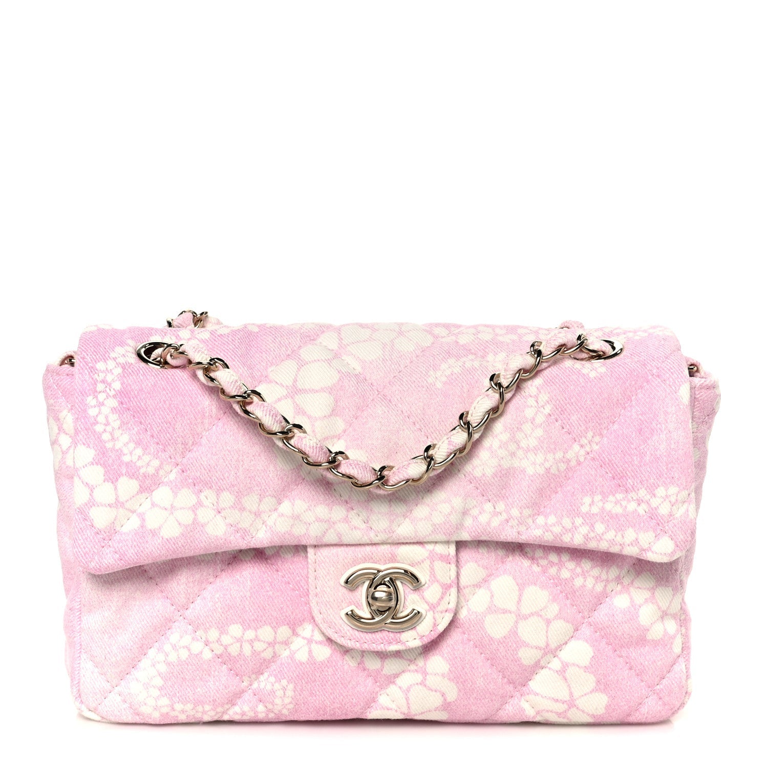 Printed Denim Quilted Flap Bag Pink White