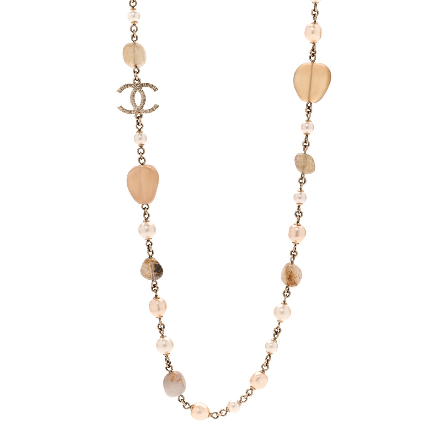 Pearl Glass Bead CC Long Necklace Gold