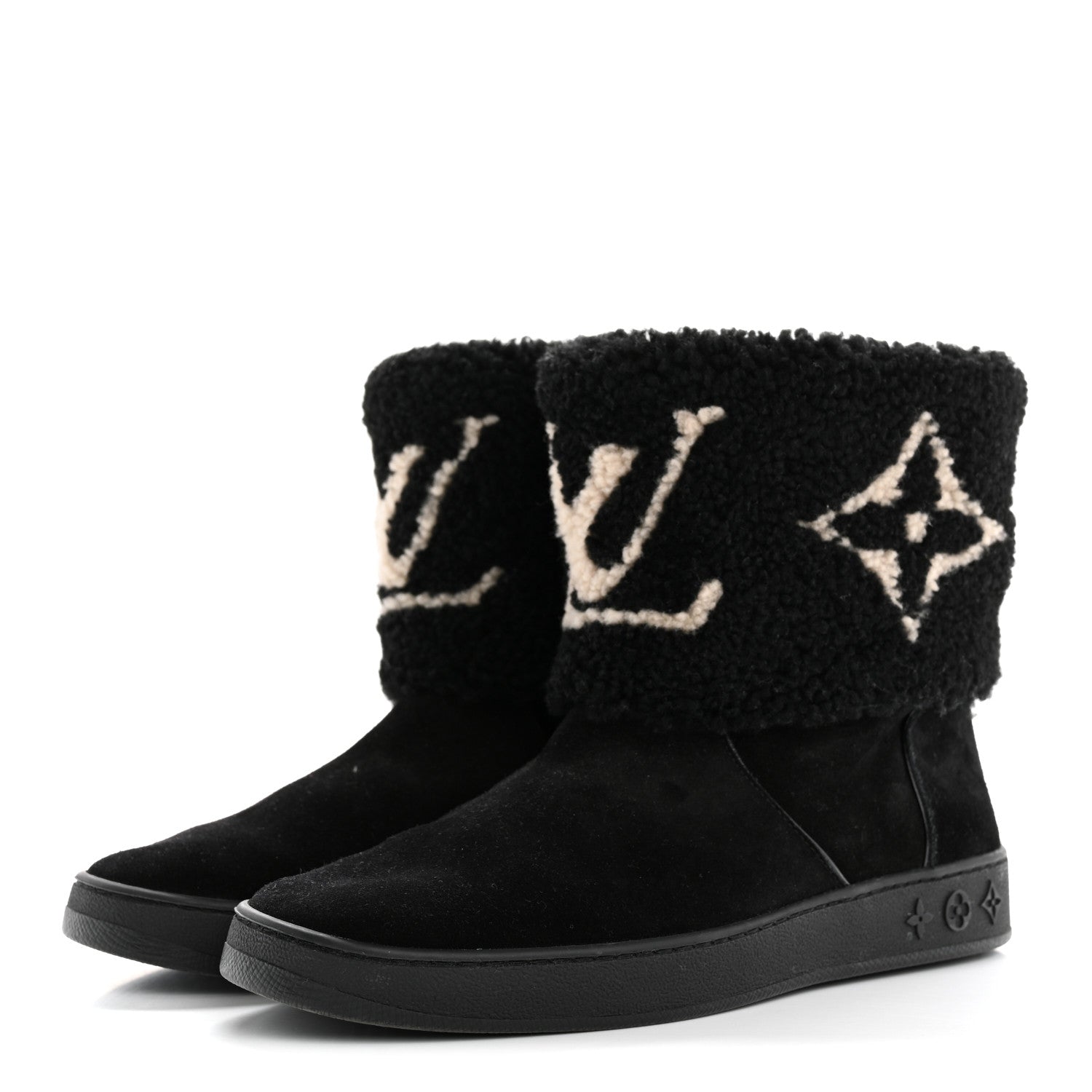 Suede Calfskin Shearling Snowdrop Flat Ankle Boot 38.5 Black