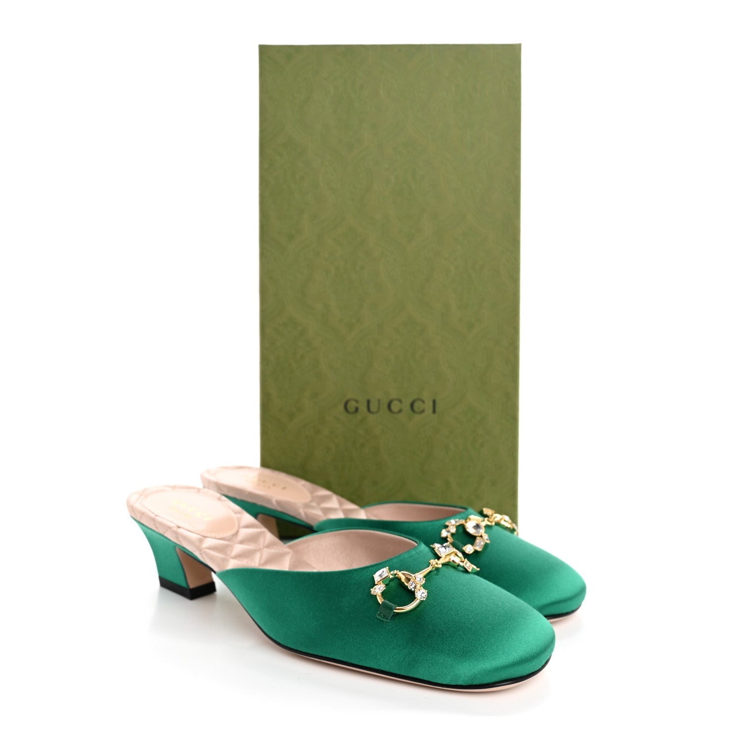 Silk Satin Crystal Embellished Horsebit Mules 36 Shamarock Emerald