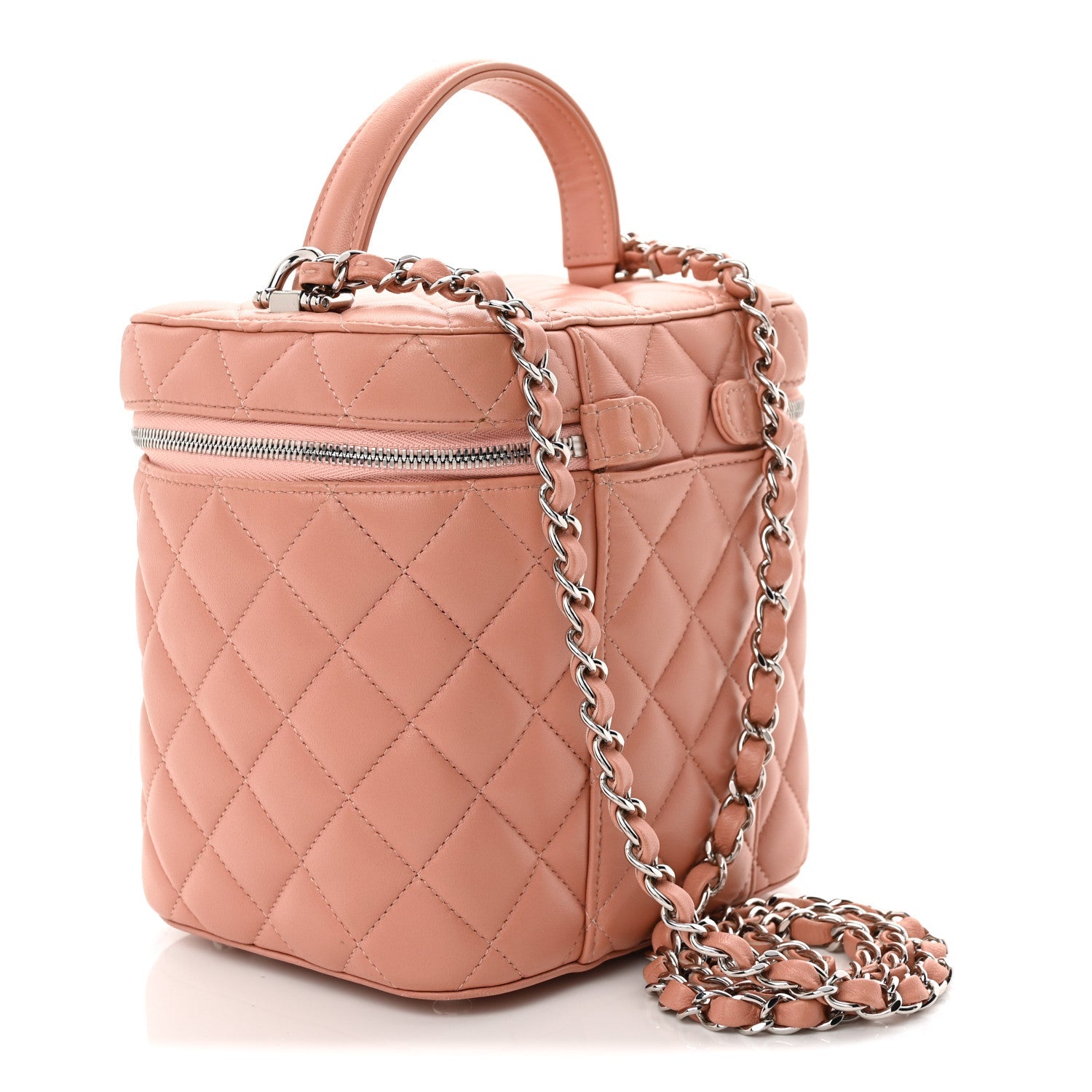 Lambskin Quilted Top Handle Vanity Case With Chain Light Pink