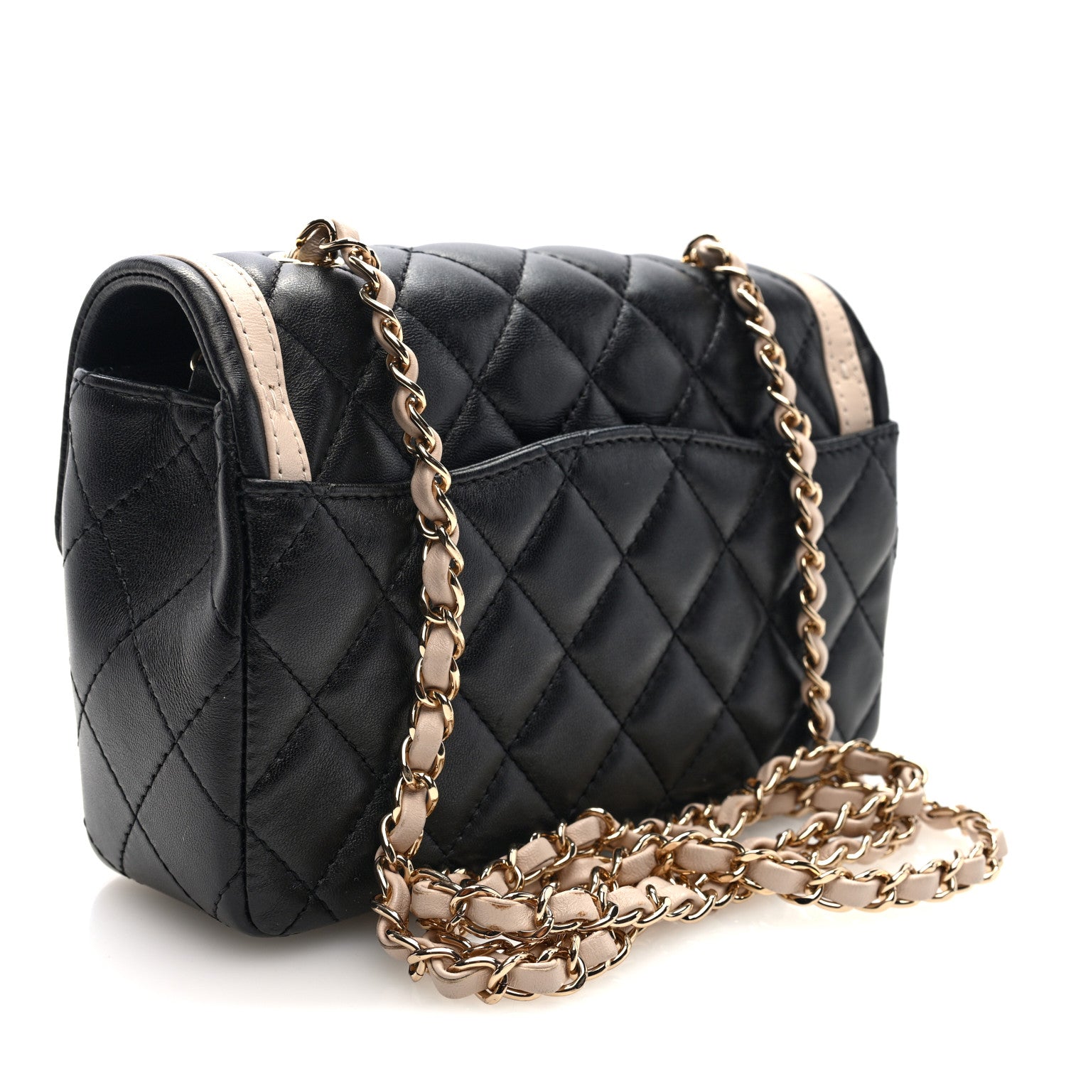 Shiny Lambskin Quilted Half Mini Flap Black Beige
