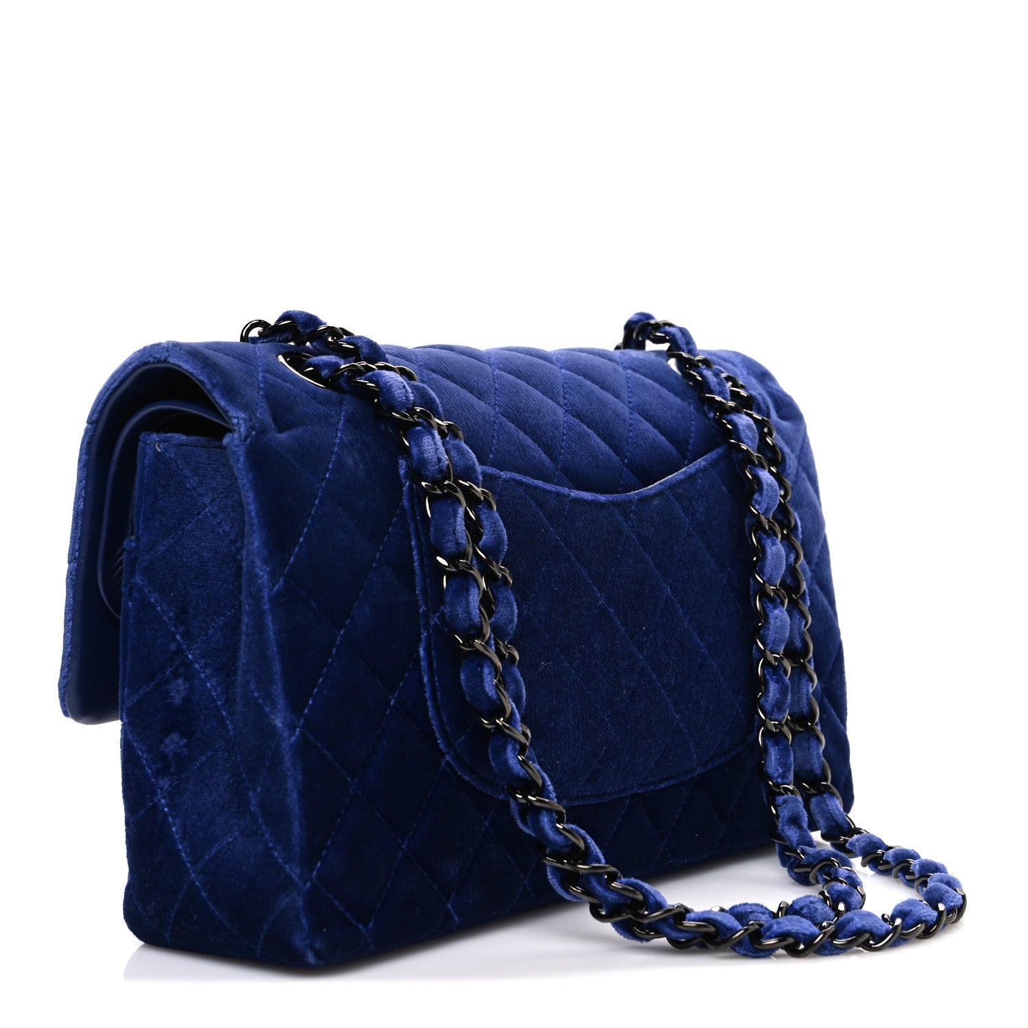 Velvet Quilted Medium Double Flap Navy Blue