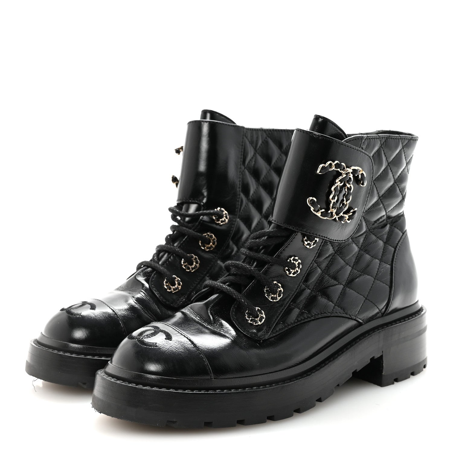 Shiny Calfskin Quilted Lace Up Combat Boots 37.5 Black