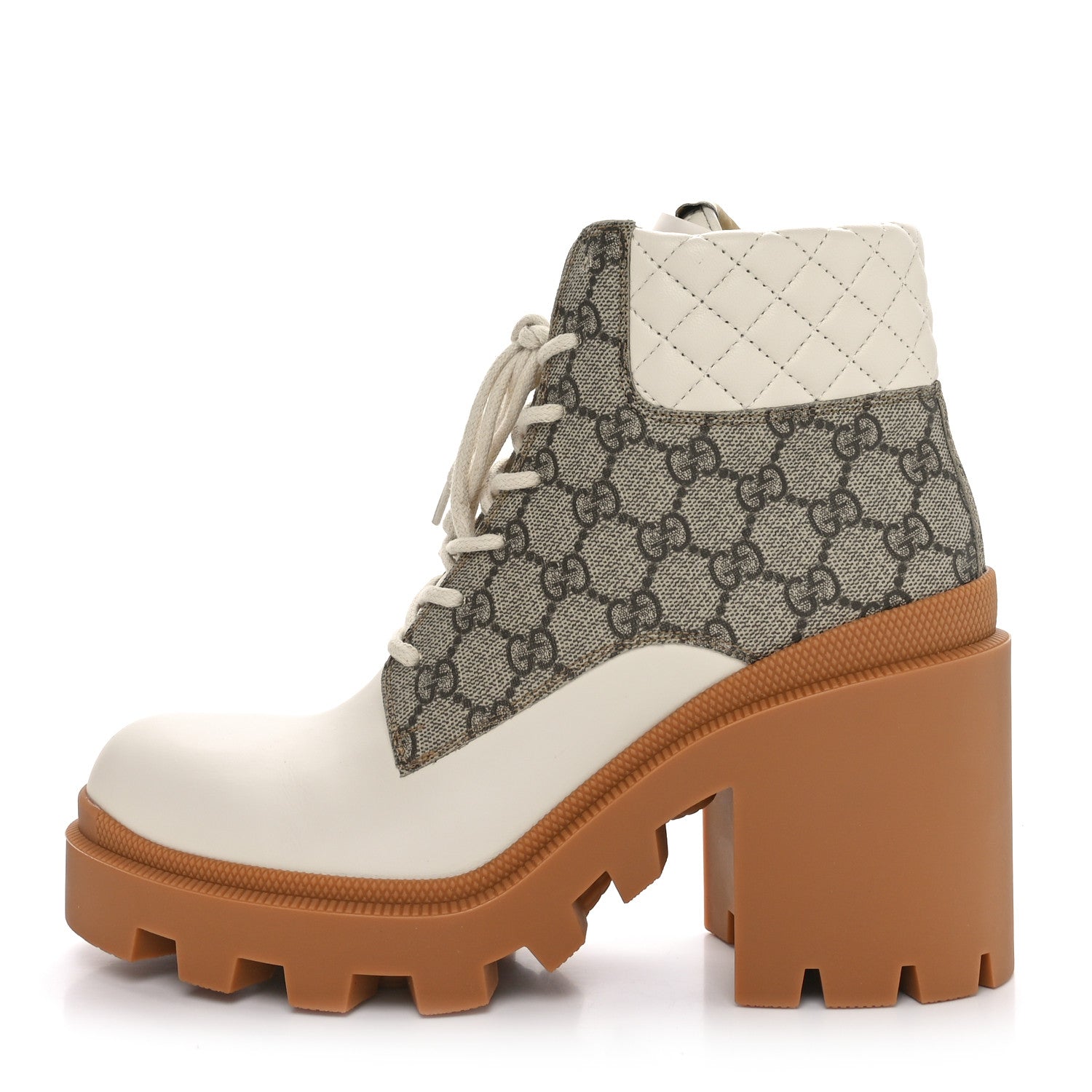 Calfskin GG Supreme Monogram Nappa Quilted Lace Up Ankle Boots 41 Mystic White Beige