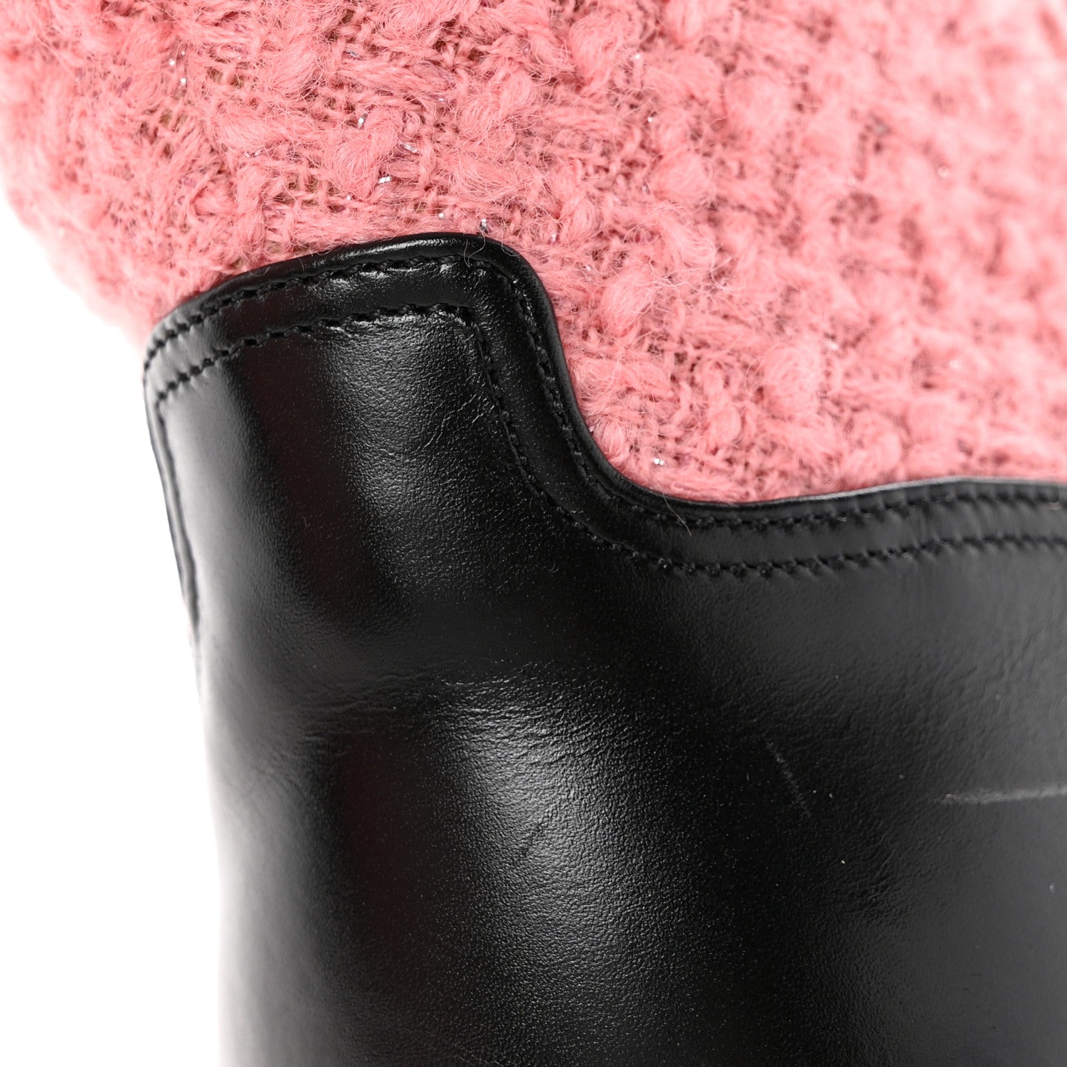 Wool Tweed Calfskin Chain Lace Up Combat Boots 38.5 Pink Black