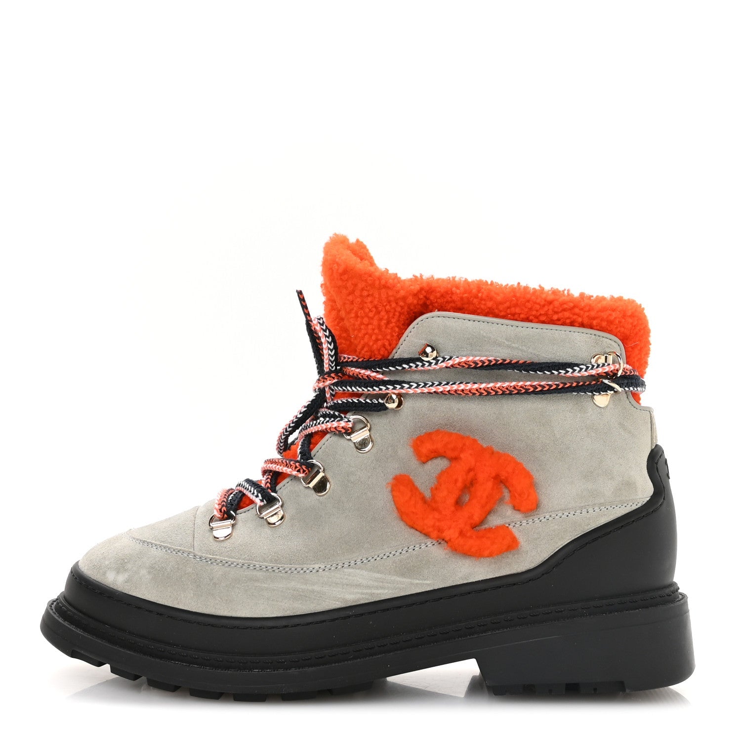 Suede Calfskin Shearling CC Lace Up Boots 40.5 Grey Orange Black