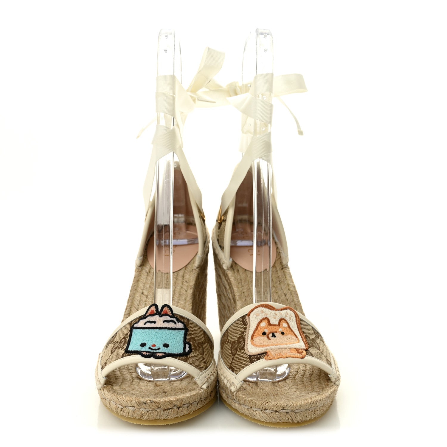 Monogram Patches Ankle Wrap Platform 35/120mm Espadrille Wedges 36 Beige White