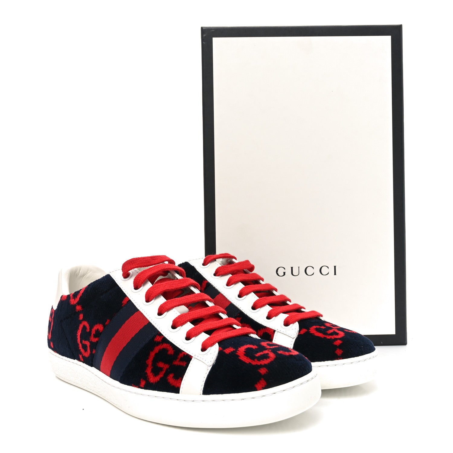 Terry Cloth GG Monogram Web Womens Ace Sneakers 37.5 Blue Red