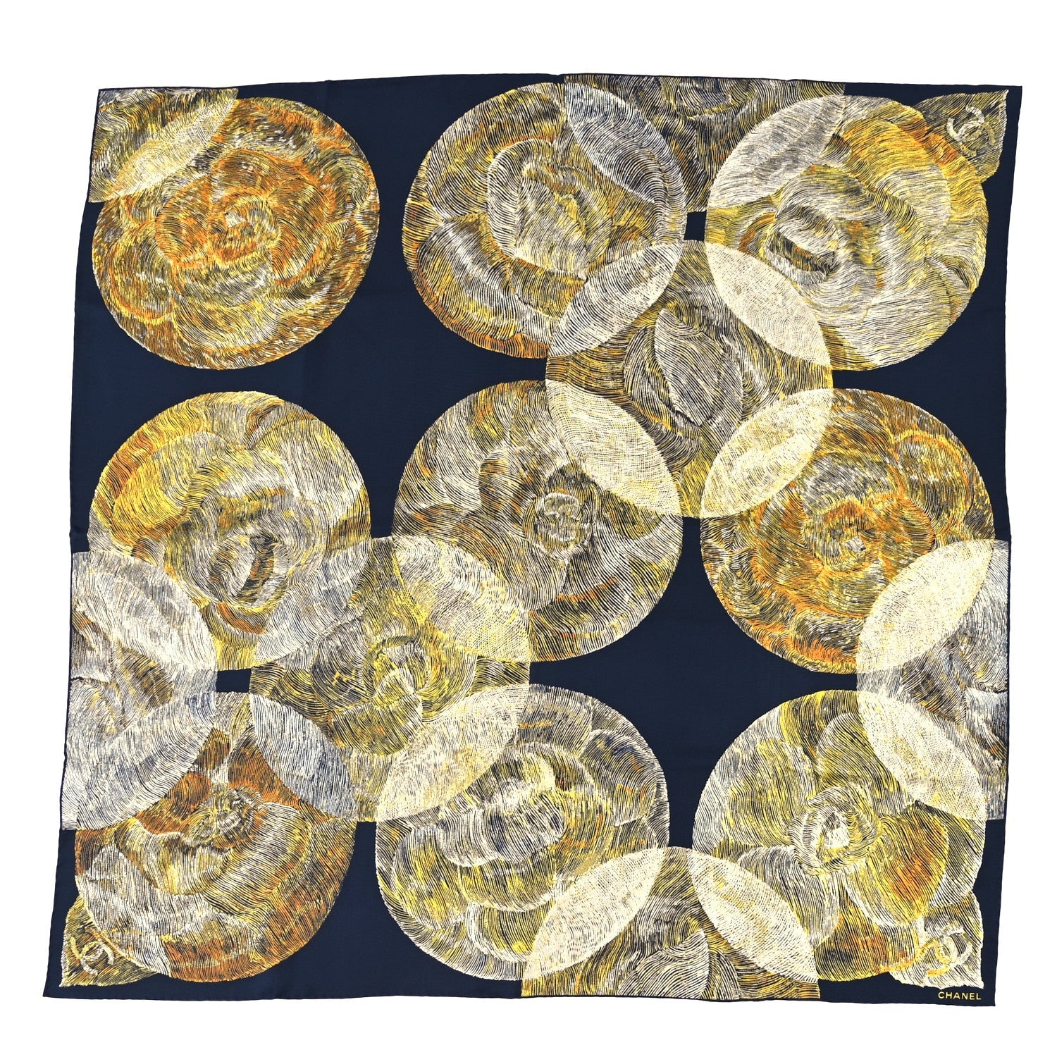 Silk Camellia Scarf Navy Yellow