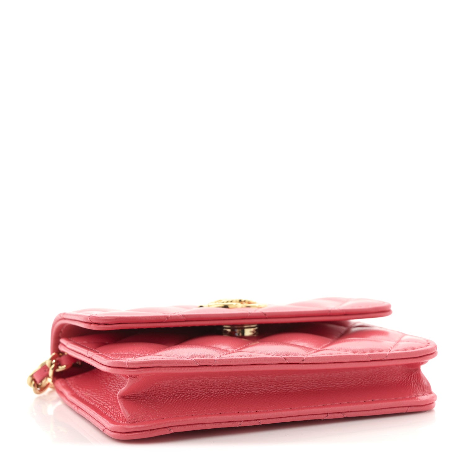 Shiny Lambskin Quilted Card Holder On Chain Pink