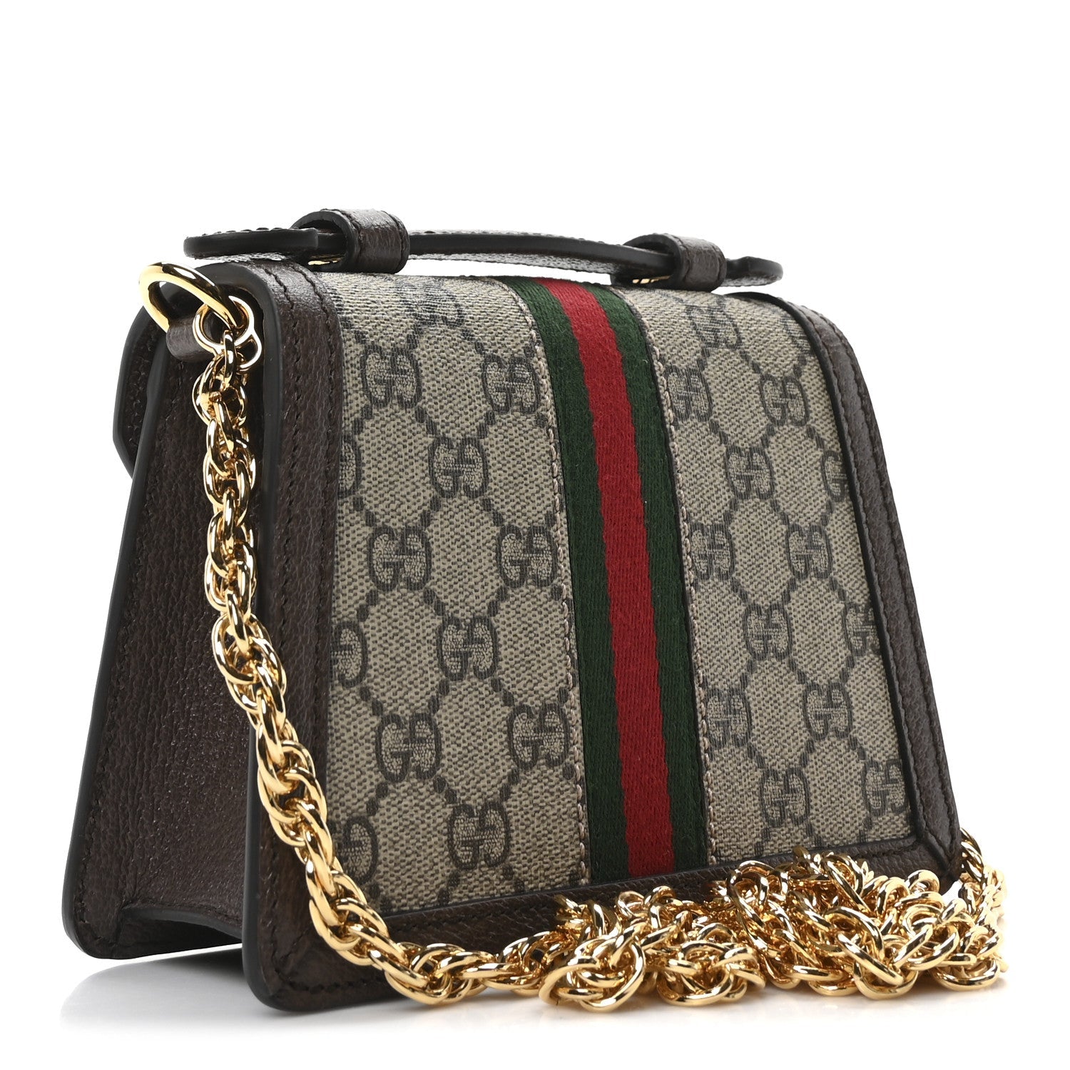 GG Supreme Monogram Textured Dollar Calfskin Web Mini Ophidia Padlock Top Handle Chain Shoulder Bag Beige Ebony New Acero