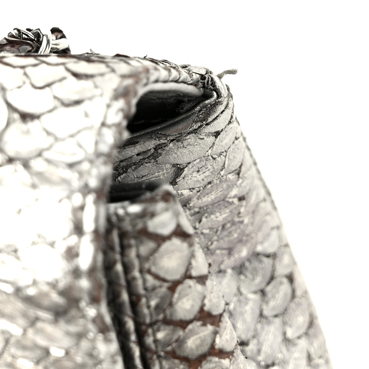 Metallic Snakeskin Medium Single Flap Silver