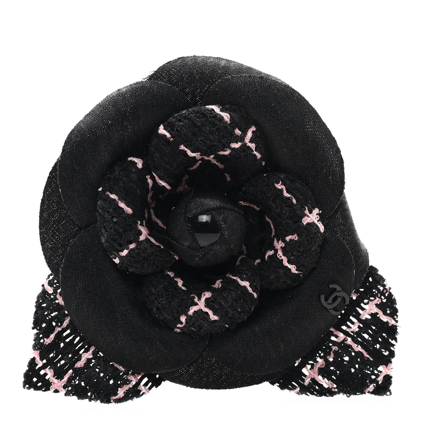 Tweed Fabric Camellia Pin Brooch Black Pink
