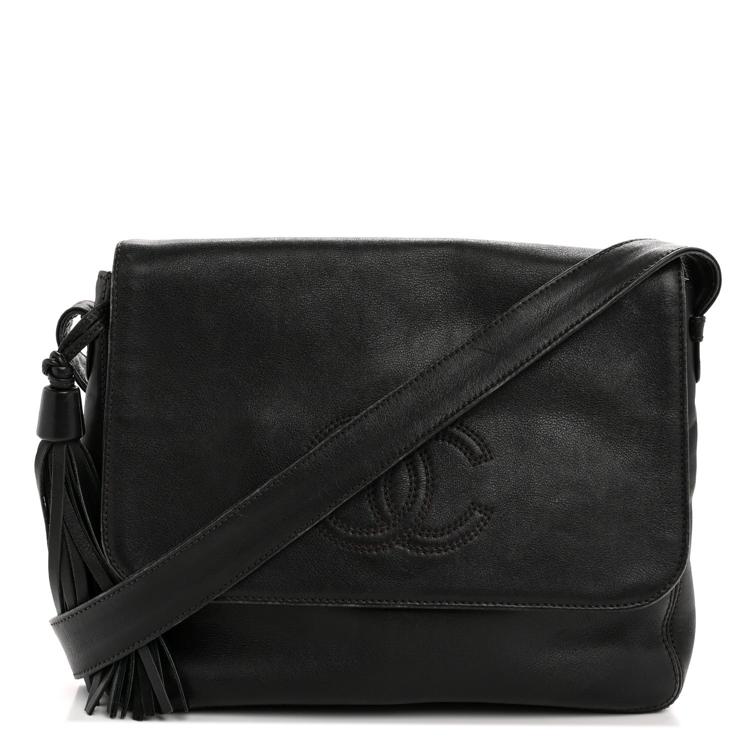 Lambskin CC Tassel Shoulder Flap Bag Black