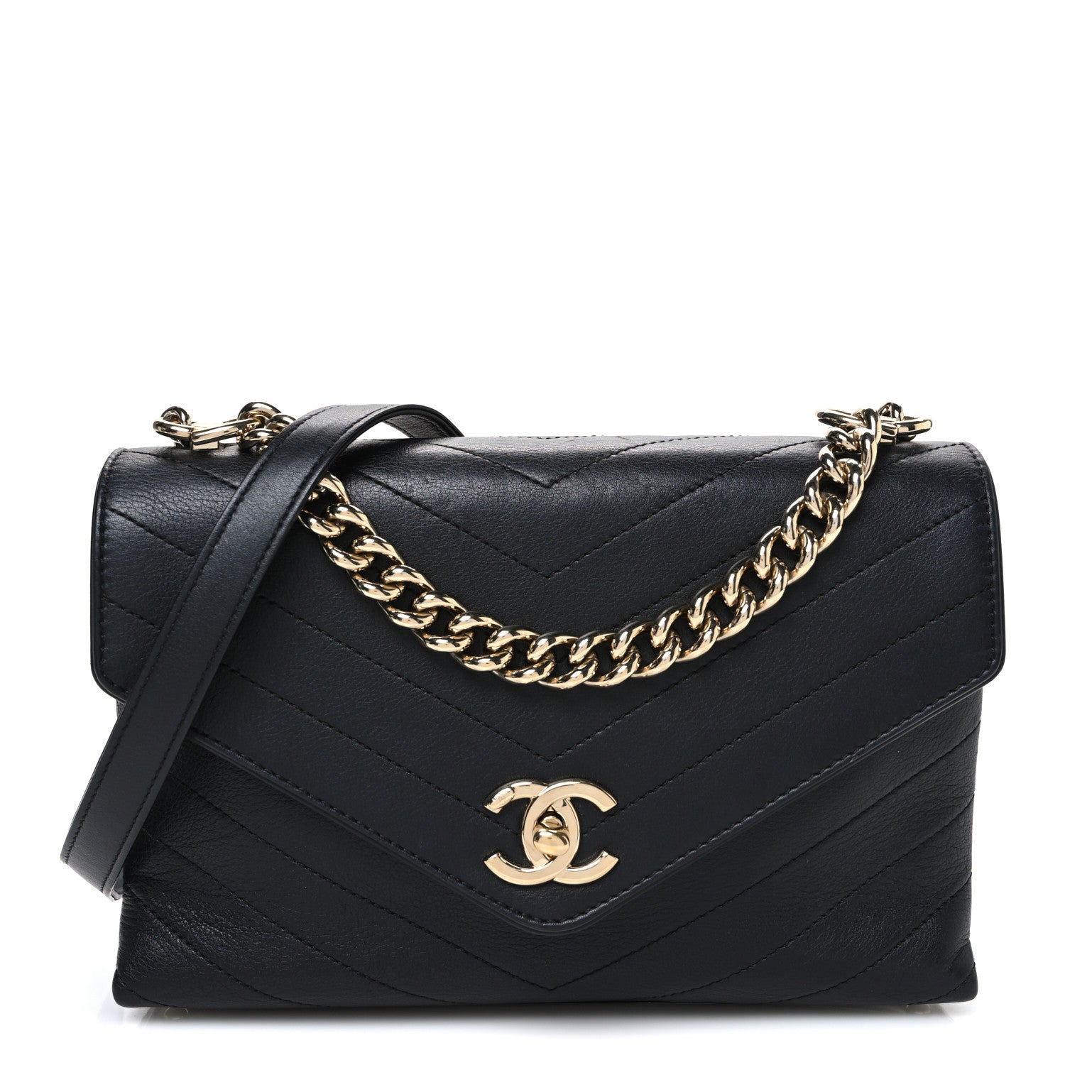 Lambskin Chevron Stitched Medium Envelope Flap Black