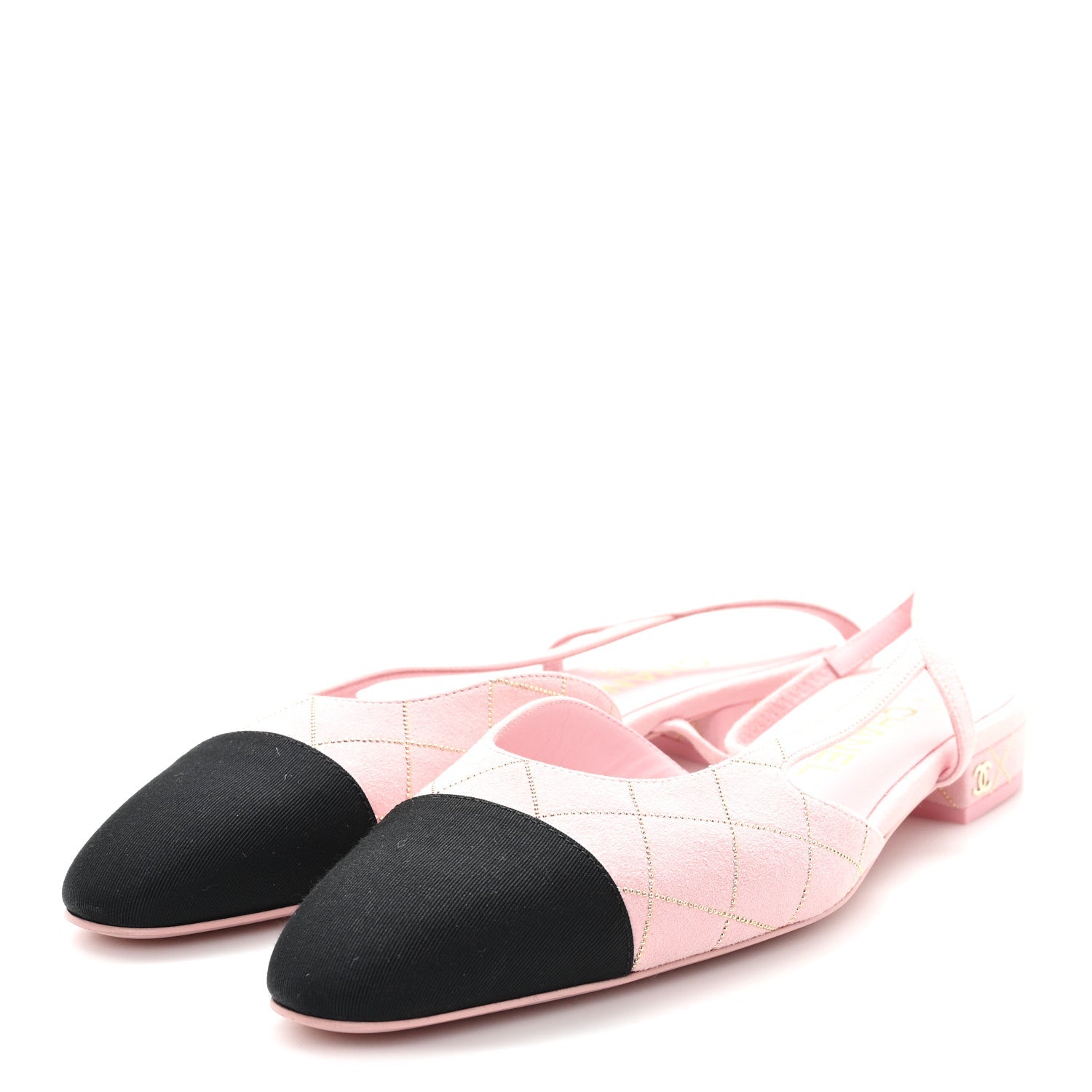 Suede Crystal Grosgrain Cap Toe CC Slingback Flats 37 Pink Gold Black