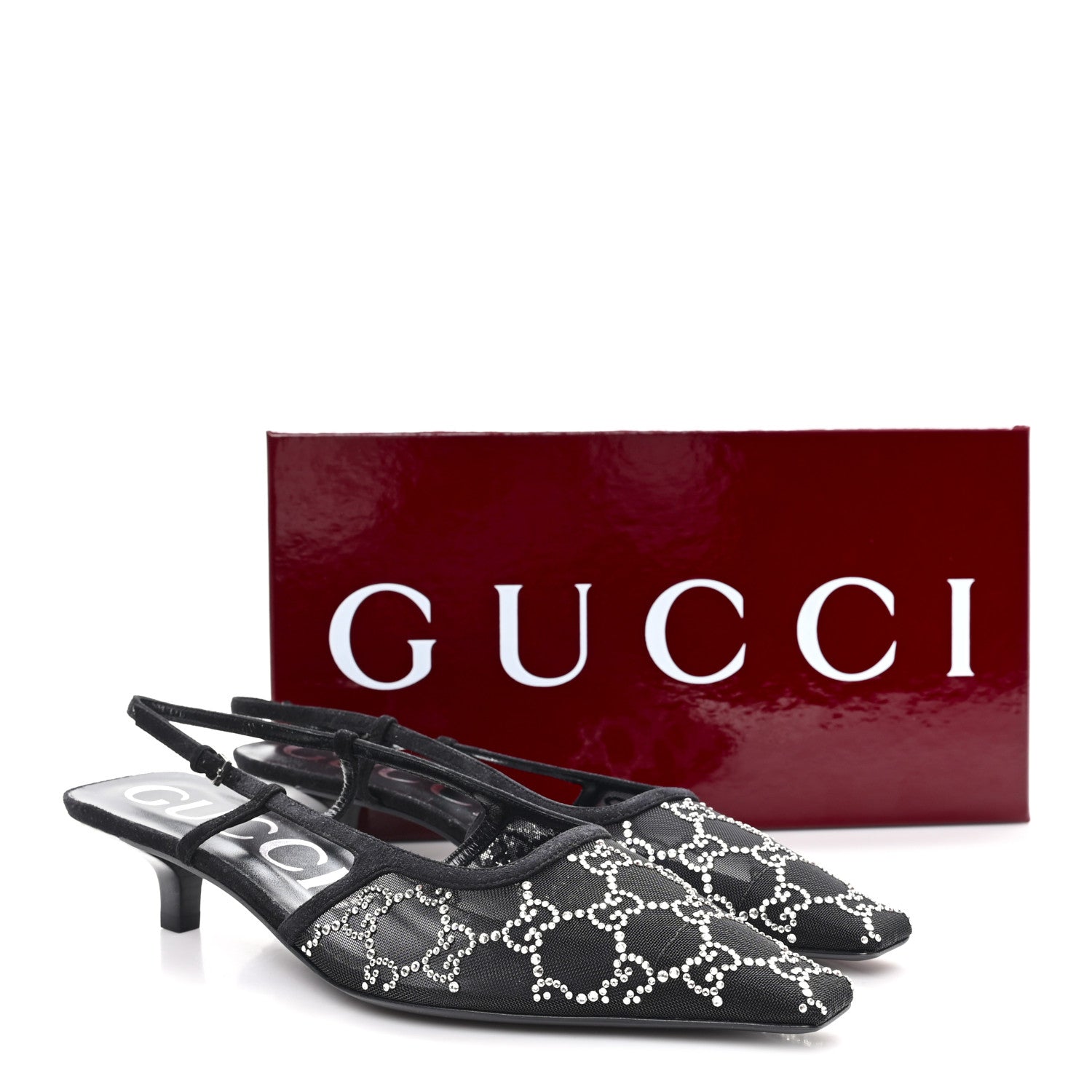 Tela Retino Kid Scamosciato Crystal GG Monogram Square G 35mm Slingback Pumps 39.5 Black