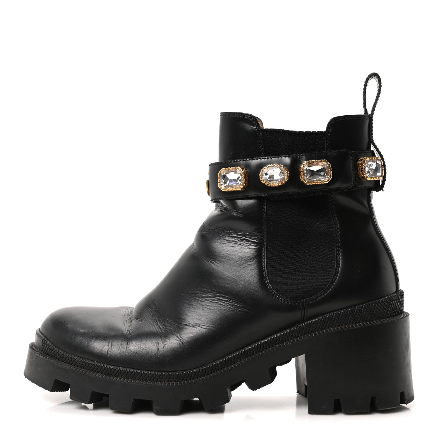 Calfskin Crystal GG Trip Chelsea Ankle Boots 38 Black