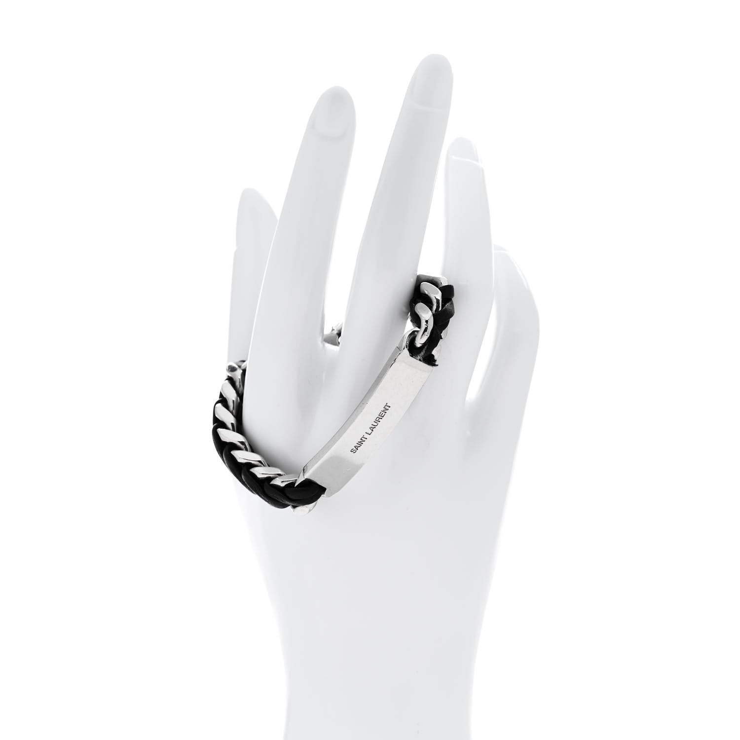 Metal Leather Curb Chain Bracelet Oxidized Silver Black