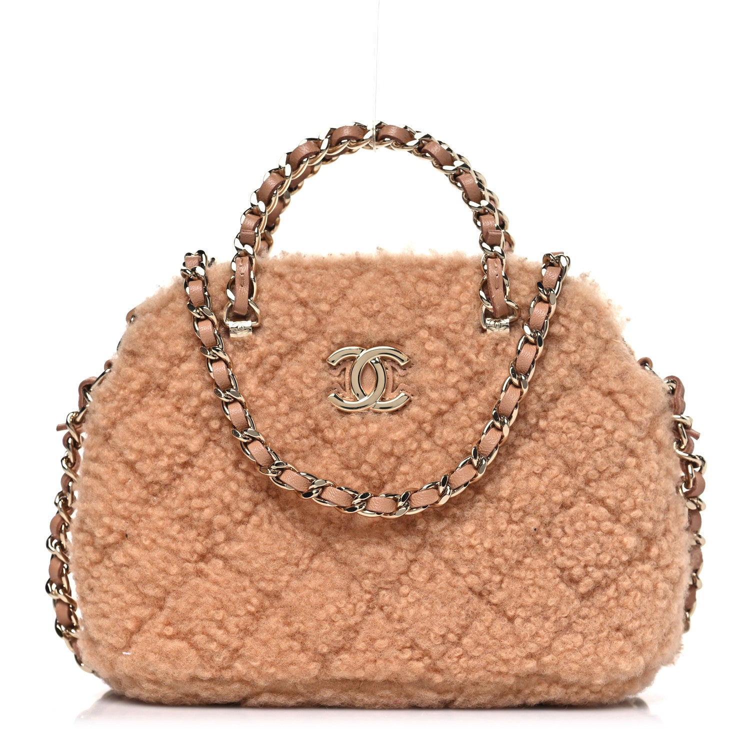 Shearling Quilted Shiny Coco Clutch With Chain Dark Beige