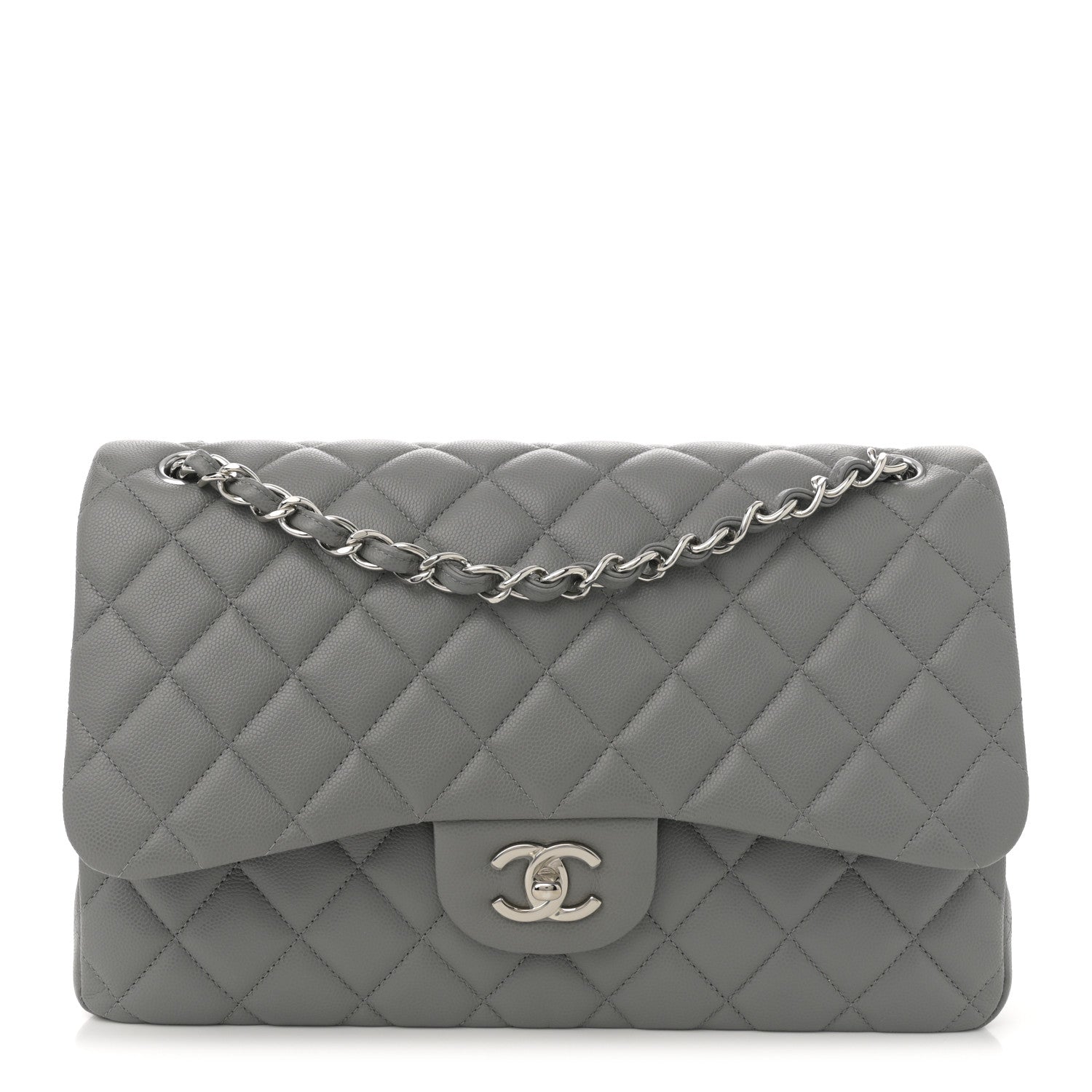 Caviar Quilted Jumbo Double Flap Grey