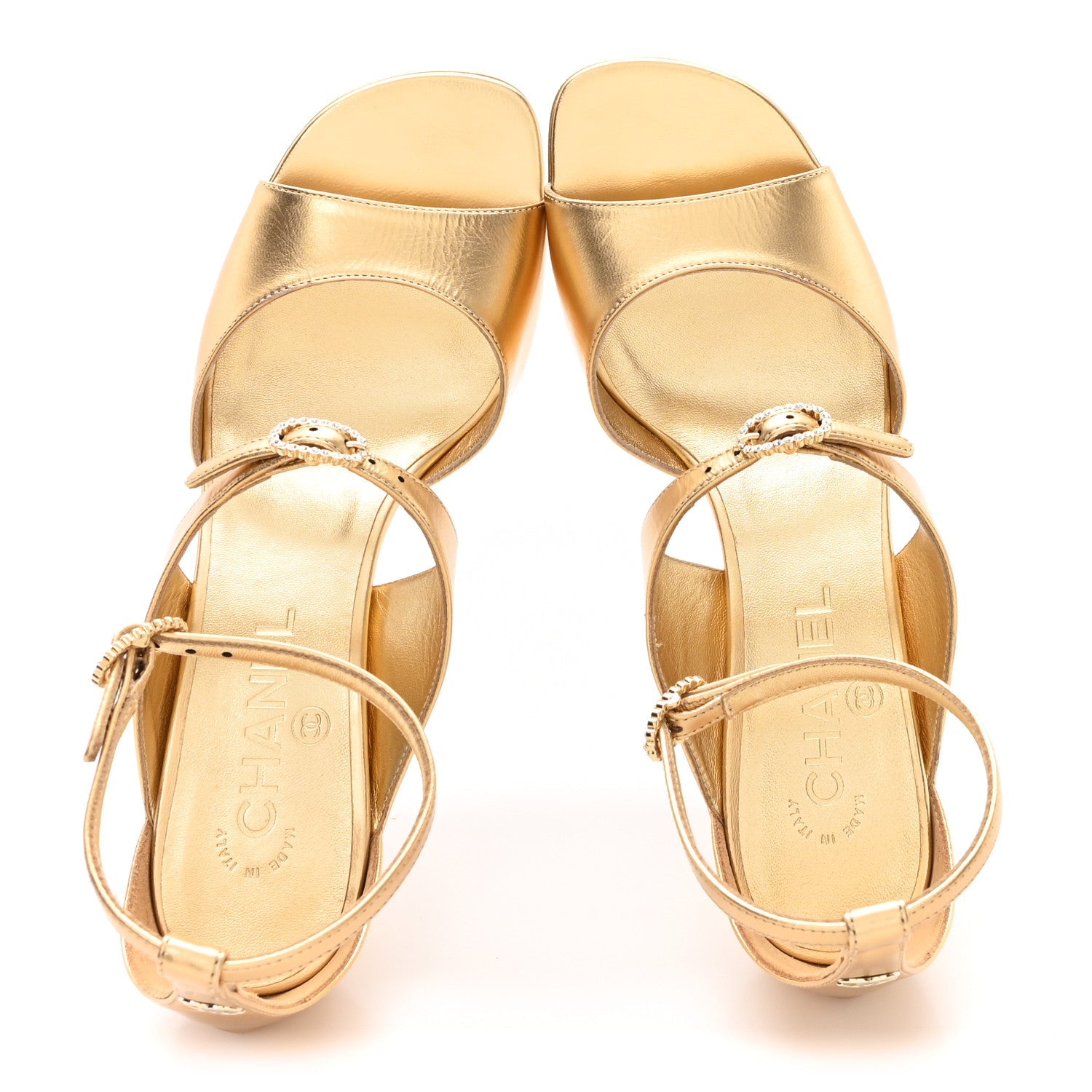 Metallic Lambskin Crystal CC Strappy Sandal 39 Gold
