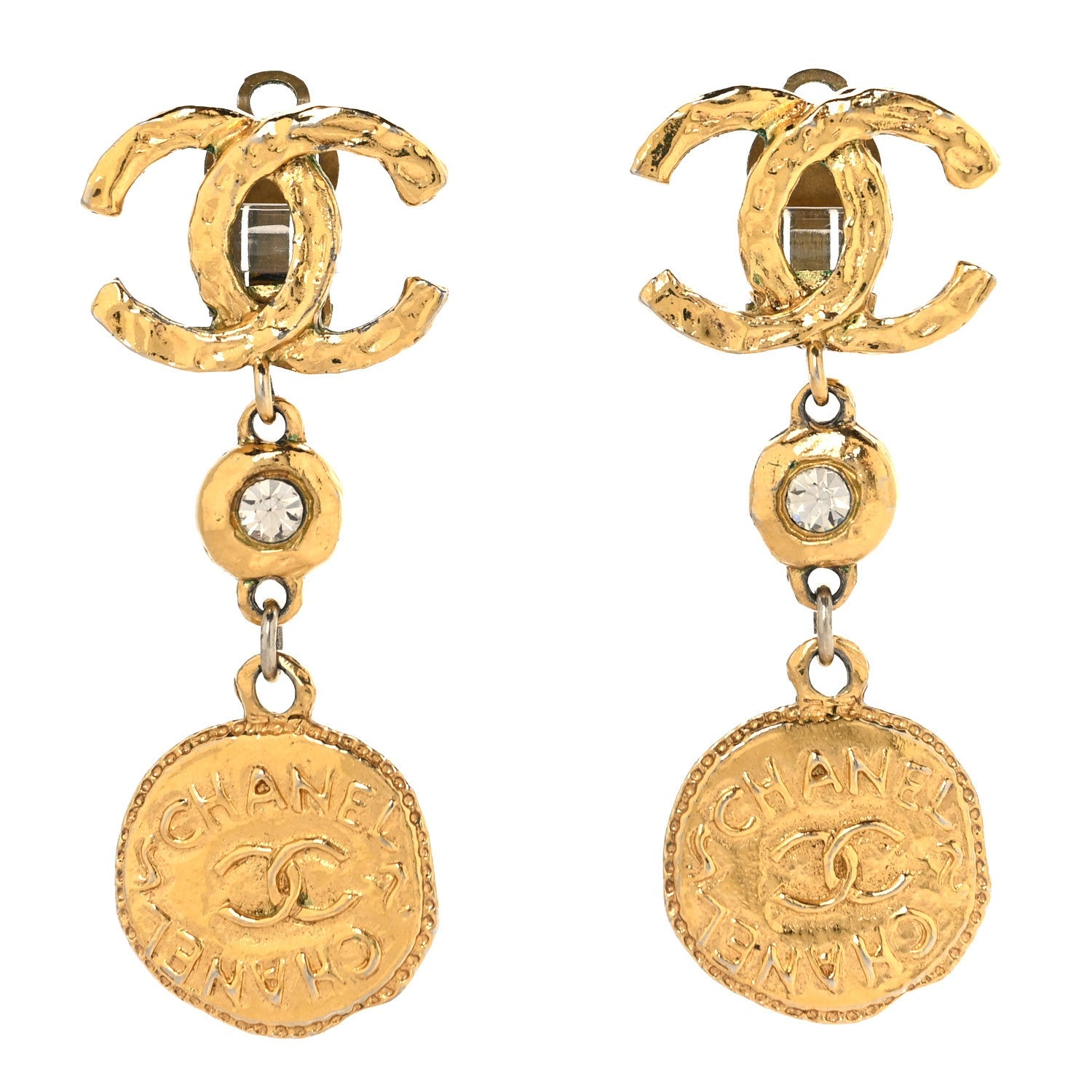 Metal CC Logo Drop Clip On Earrings Gold