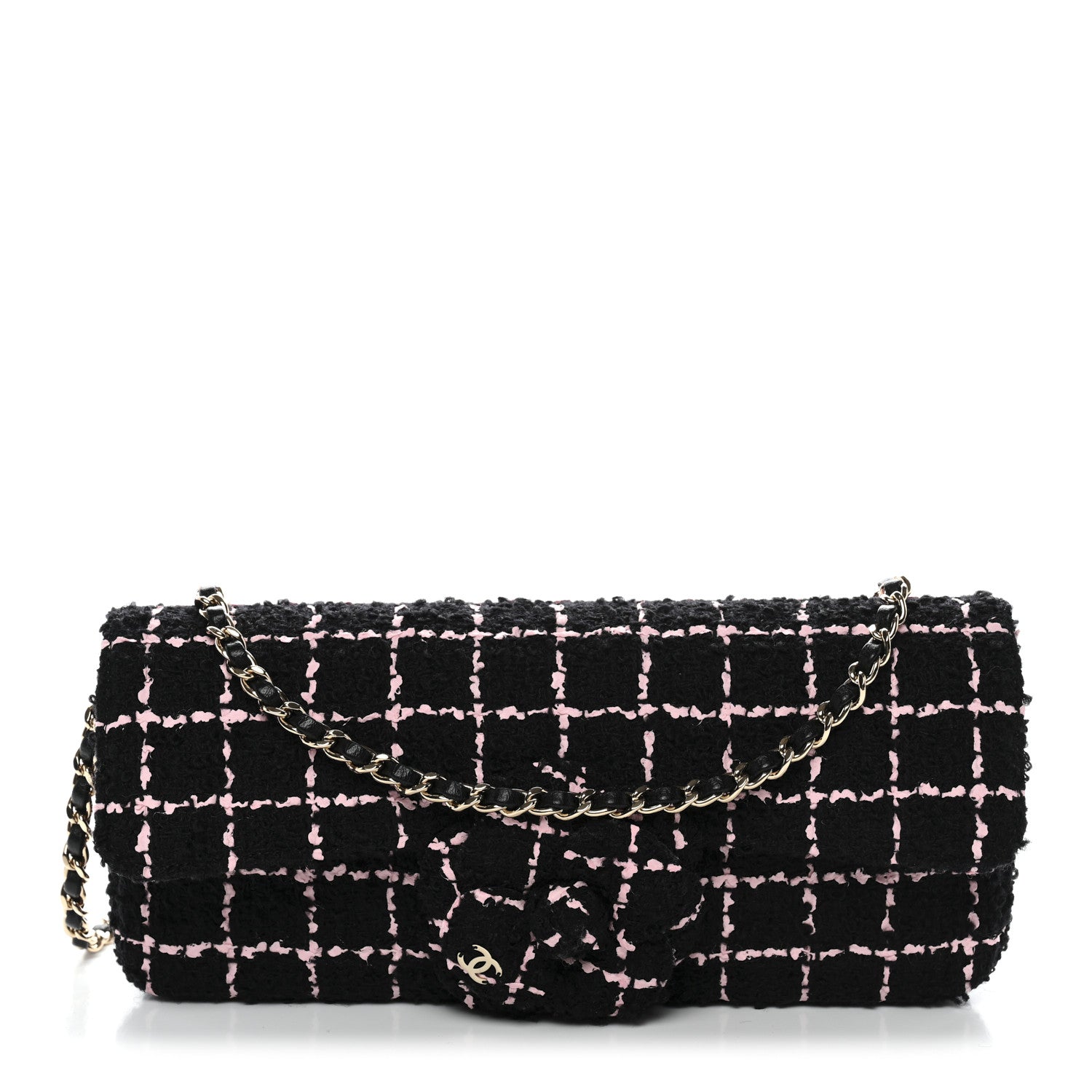 Tweed Quilted East West Camellia Clutch Black Pink