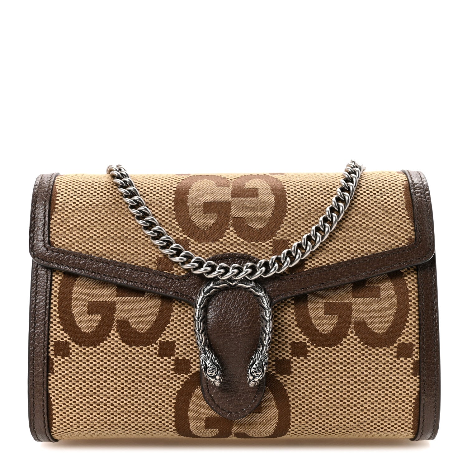 Monogram Jumbo GG Textured Dollar Calfskin Mini Dionysus Chain Wallet Camel Ebony New Acero