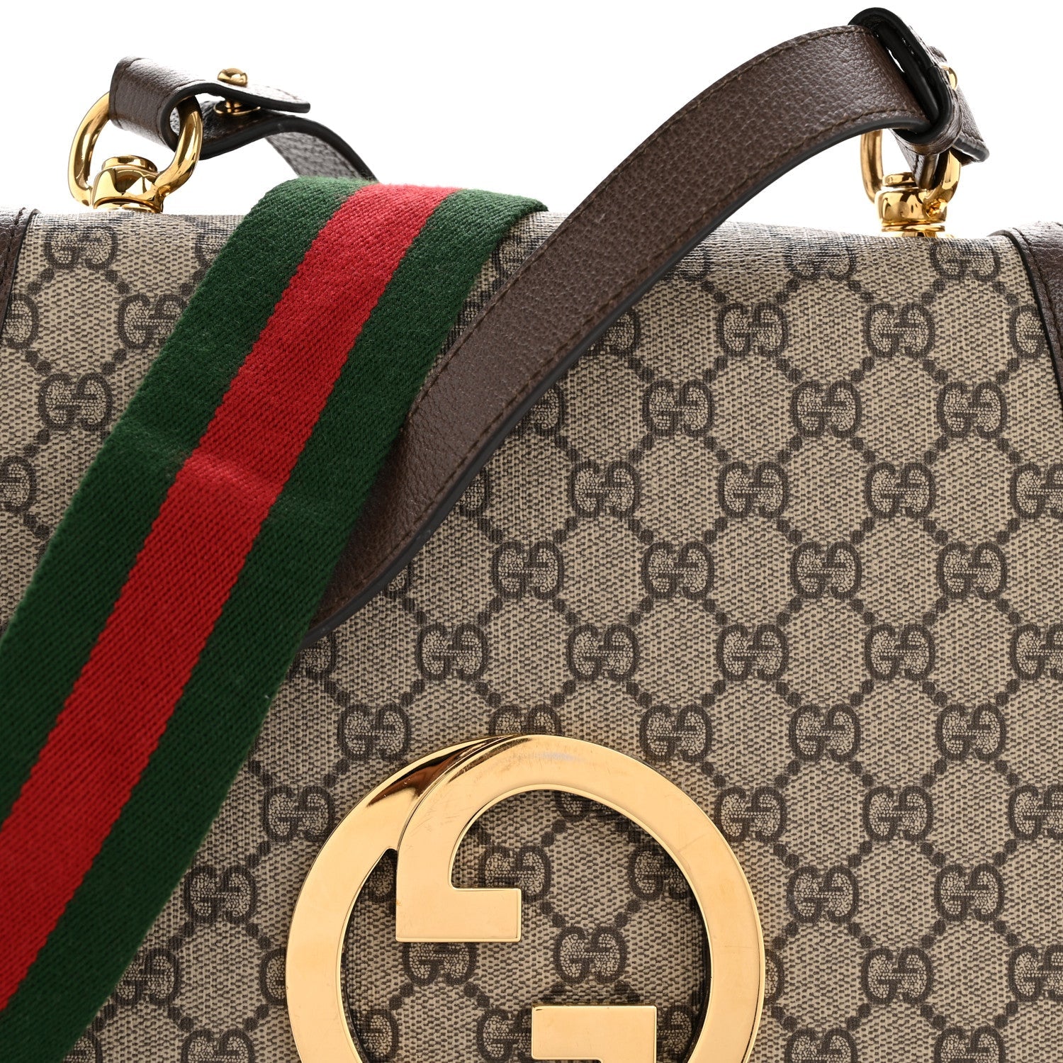 GG Supreme Monogram Textured Dollar Calfskin Web Medium Blondie Shoulder Flap Bag Beige Ebony New Acero
