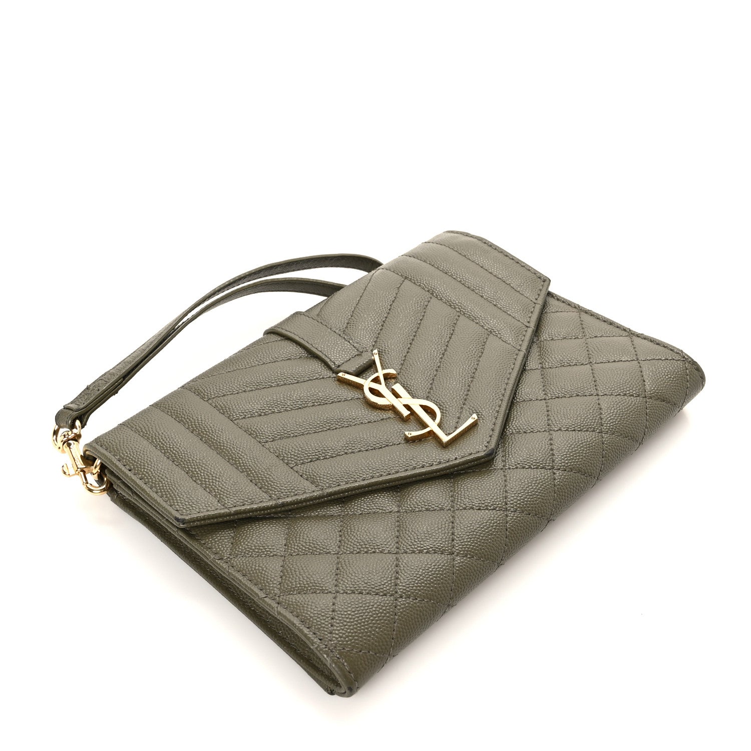 Grain De Poudre Textured Mixed Matelasse Triquilt Monogram Clutch Vert Kaki