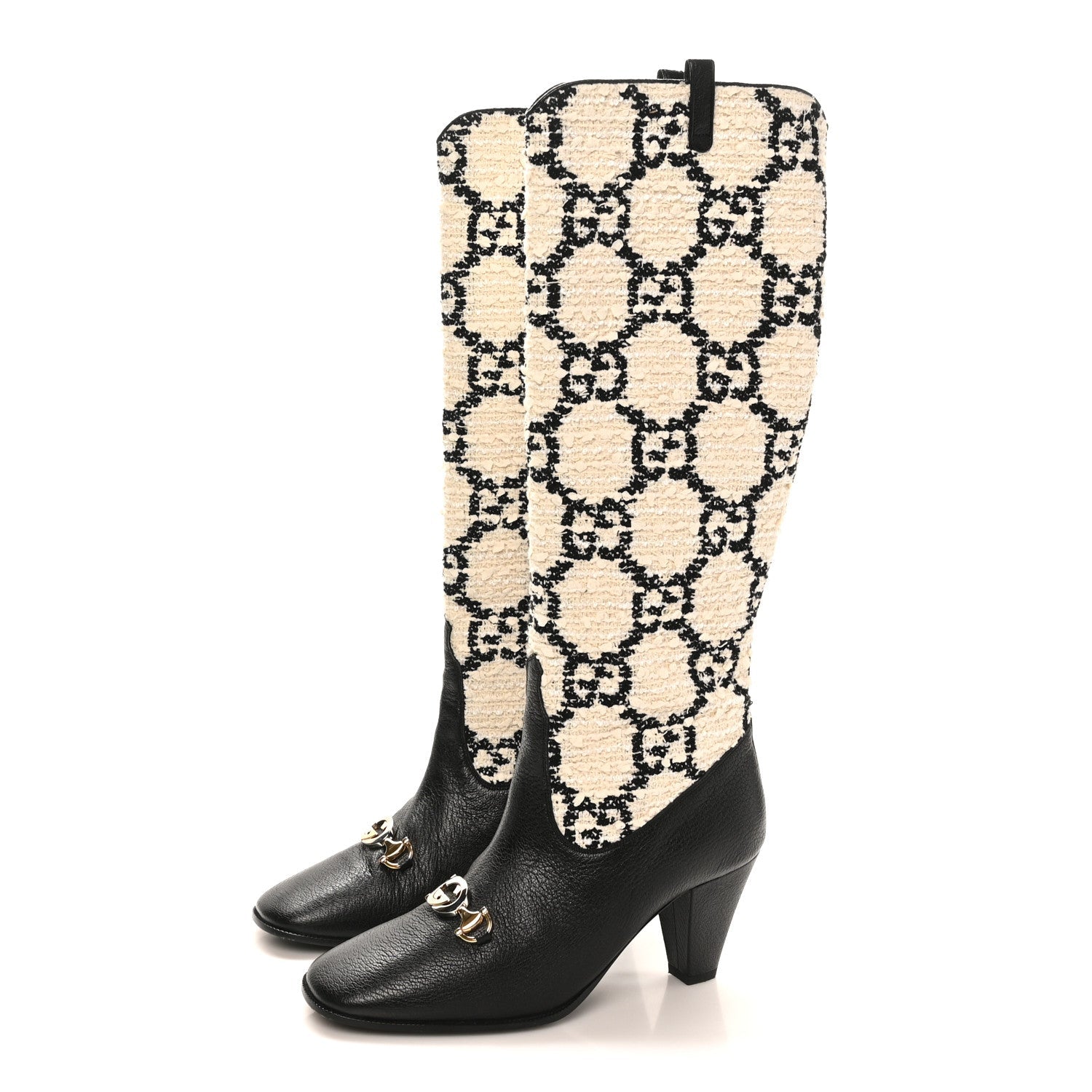 Tweed GG Monogram Wrinkled Kid Zumi Knee Boots 39.5 Natural Black