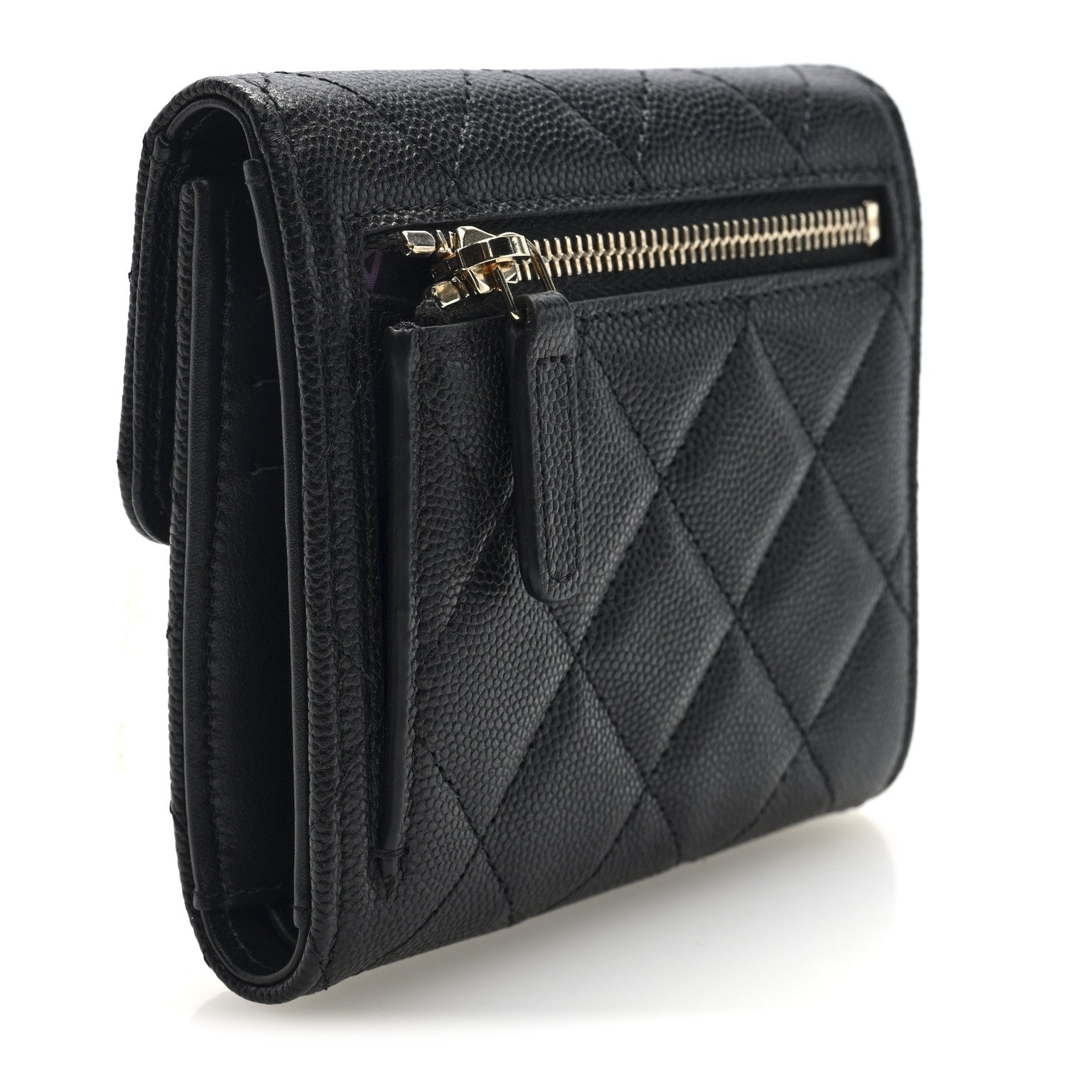 Caviar Quilted Chain Embossed Compact Flap Wallet Black
