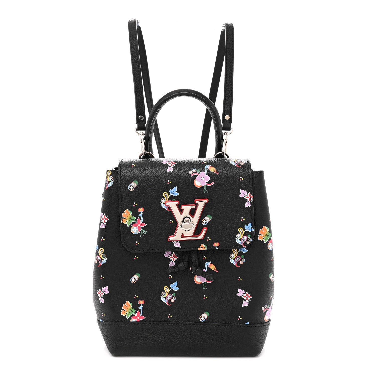 Calfskin Flower Lockme Mini Backpack Black Multicolor