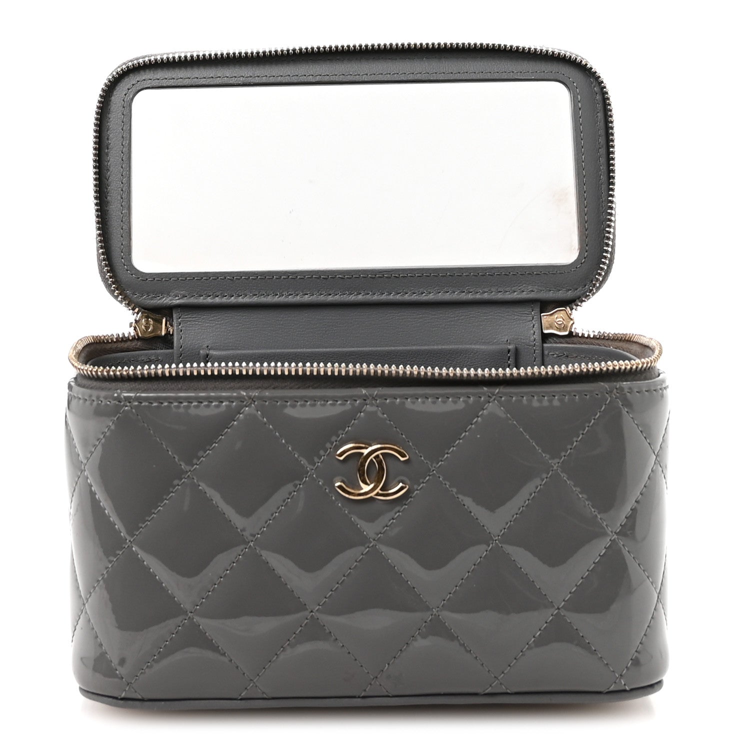 Patent Quilted Quilted Small Top Handle Vanity Case With Chain Grey
