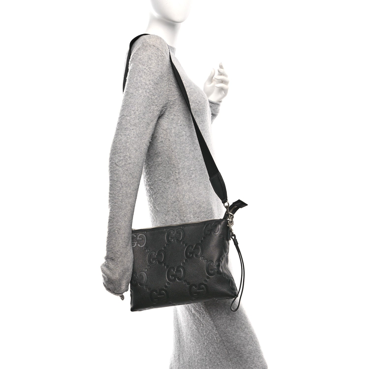 Piuma Calfskin Jumbo GG Embossed Medium Wristlet Messenger Bag Black