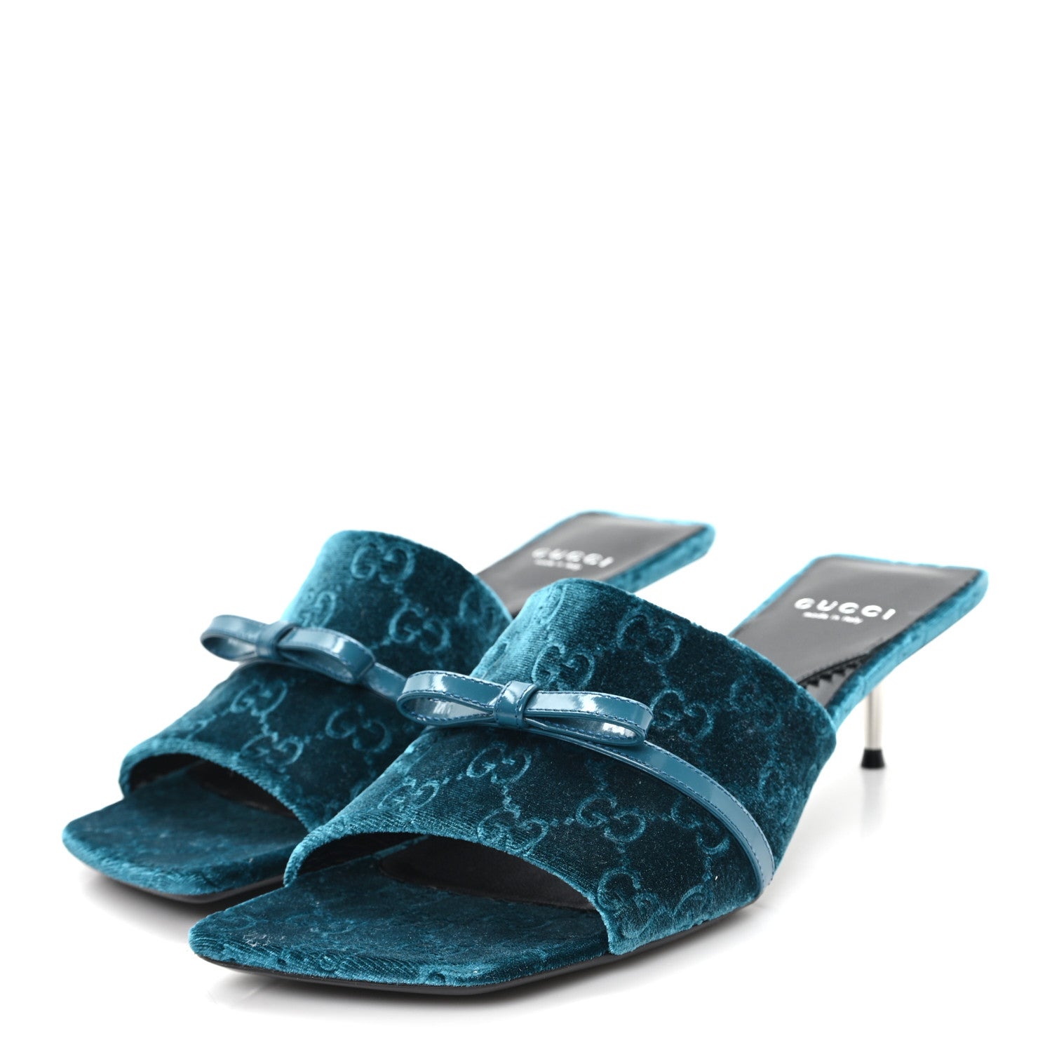 New Velvet Ashmir Regent Calfskin GG Monogram Square Toe Bow 45mm Slide Sandals Peacock Blue 39.5