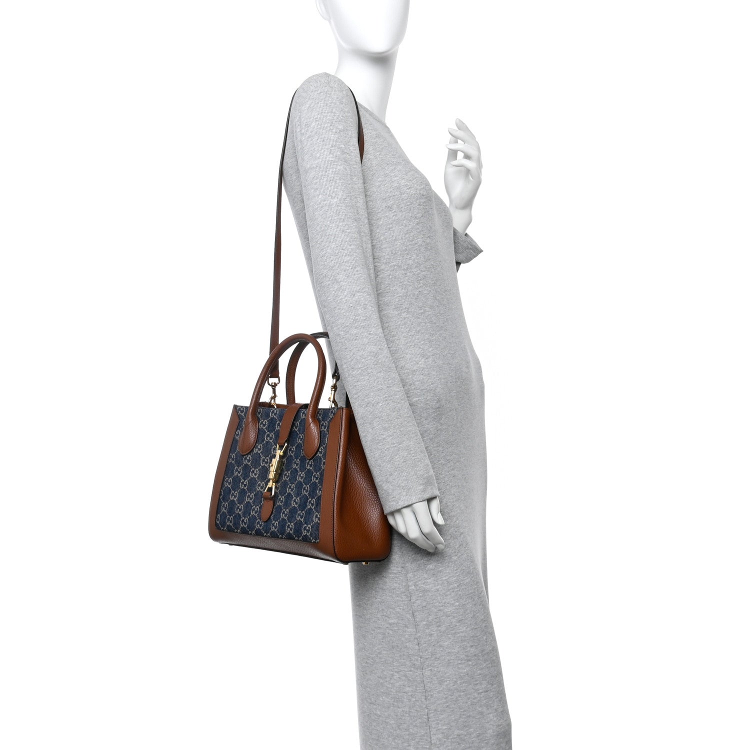 New Denim GG Monogram Dollar Calfskin Medium Jackie 1961 Tote Blue Tea Cuir Epilog