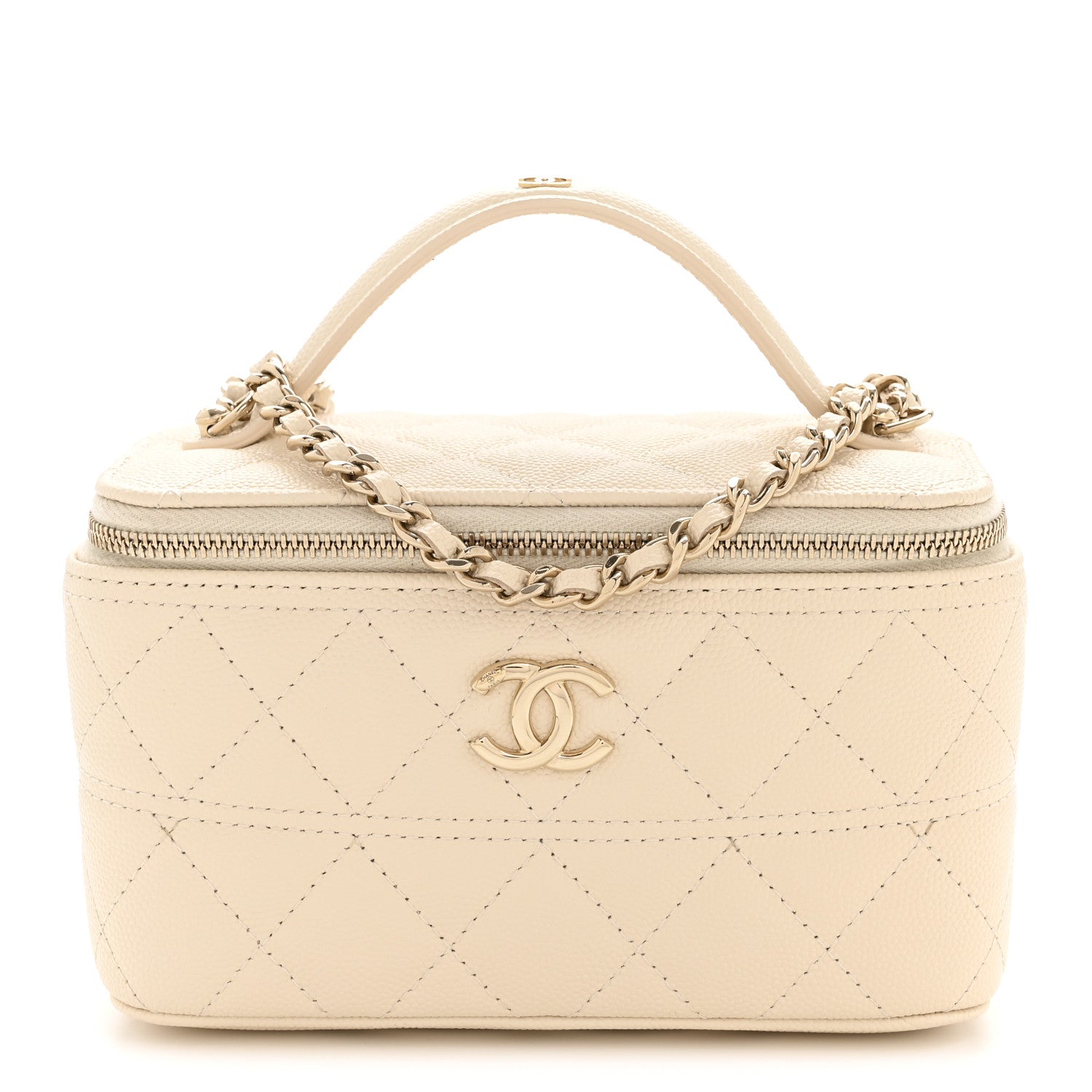 Caviar Quilted Trendy Handle Mini Vanity Ecru